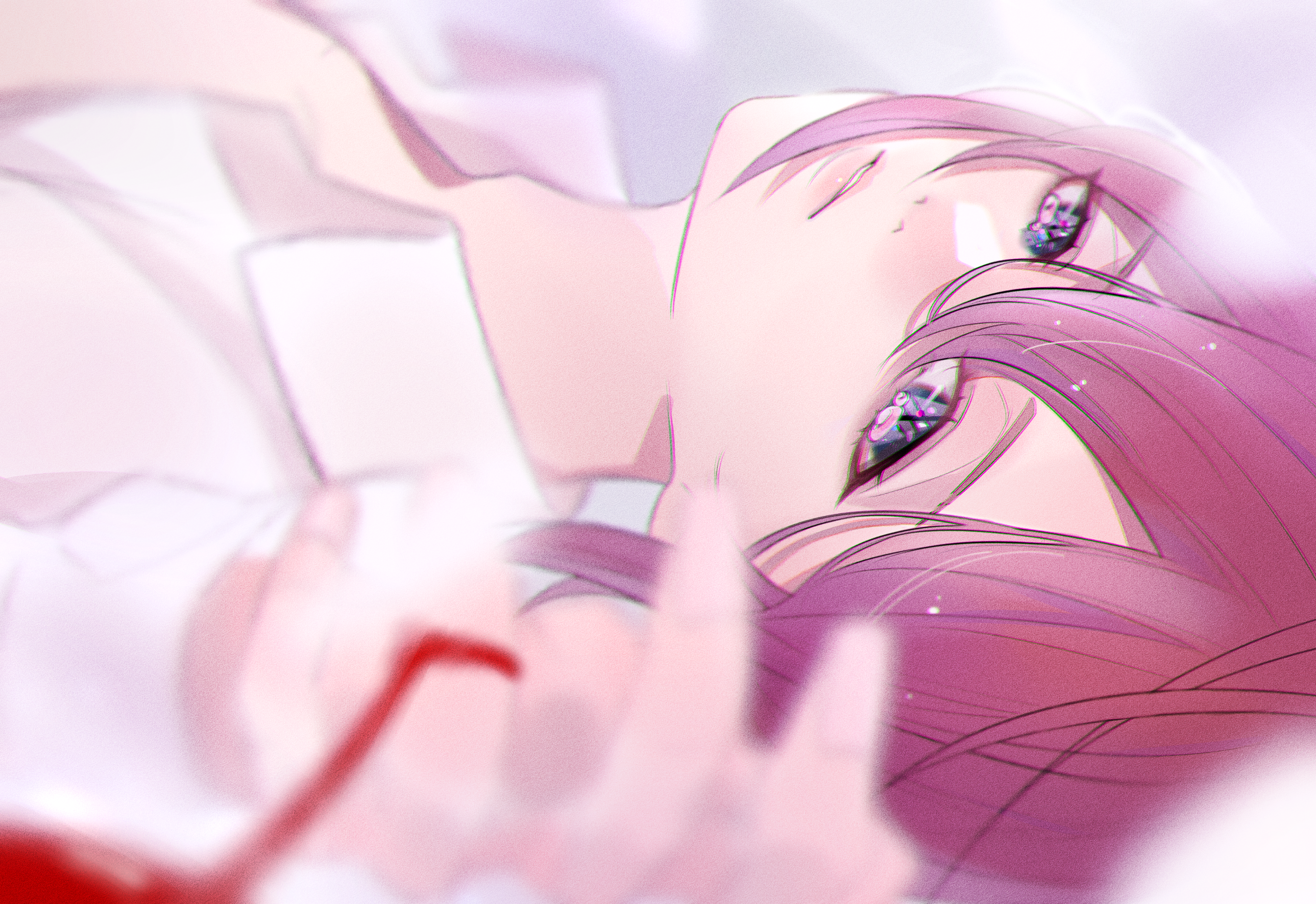 Anime 2578x1772 anime anime girls pink hair short hair shirt looking at viewer in bed crying Mano__AAA