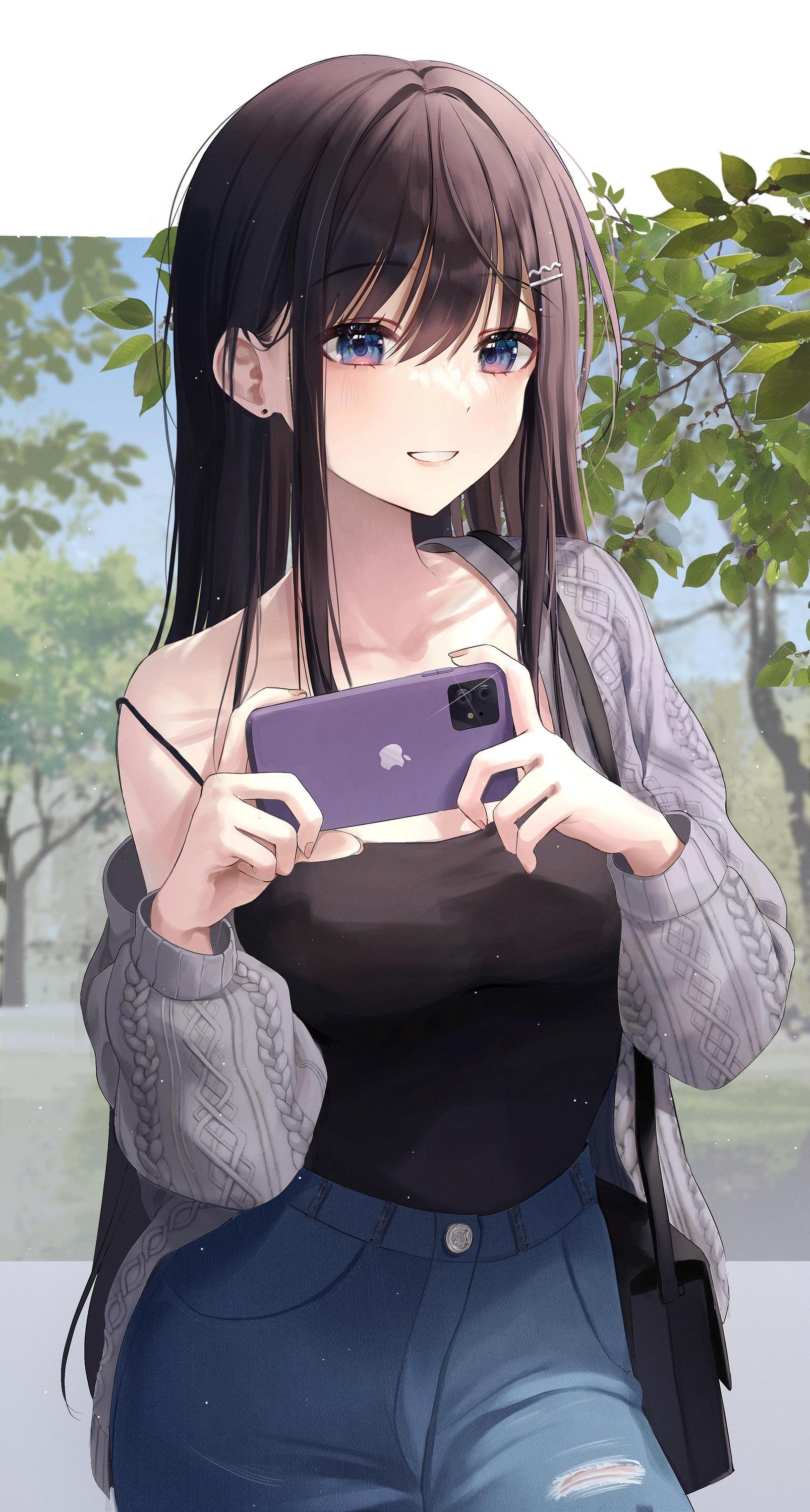 Anime 1606x3000 anime girls anime 2D looking at viewer portrait portrait display smartphone technology smiling women long hair brunette