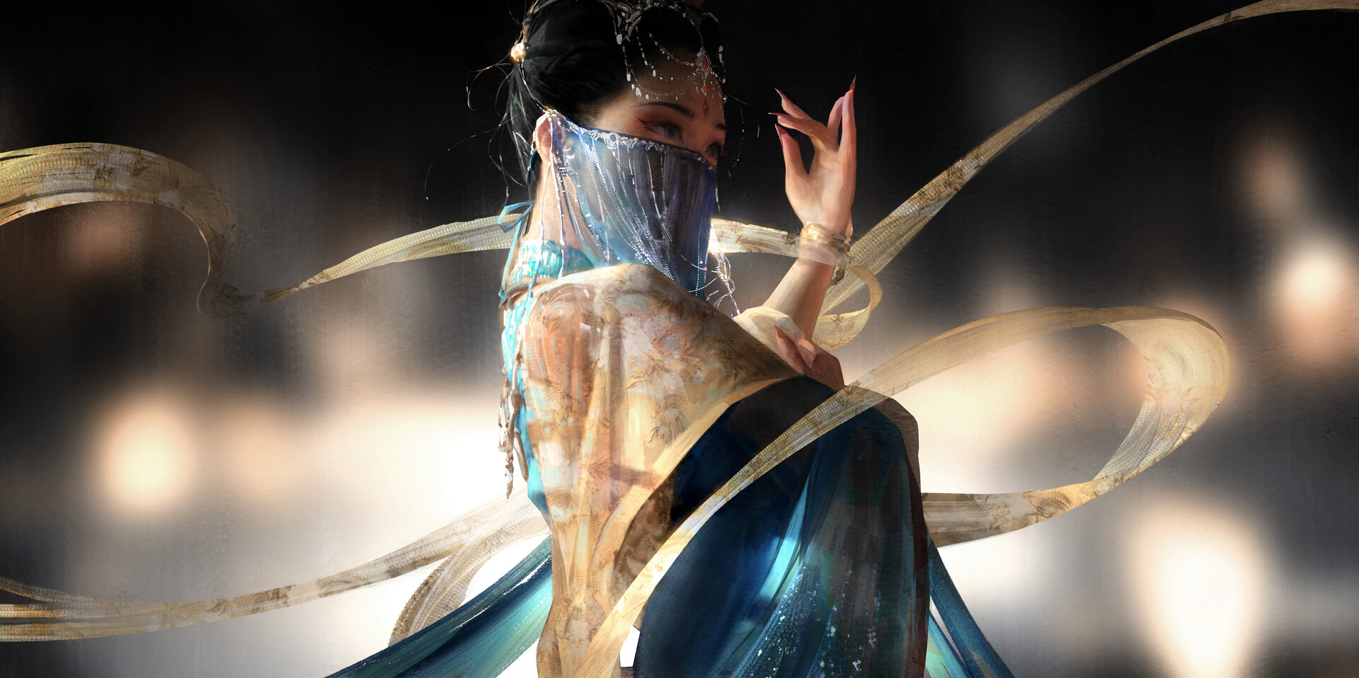 General 1920x958 DannyLaiLai illustration digital art dancer women chinese clothing dancing veils silk headdress looking sideways black hair portrait