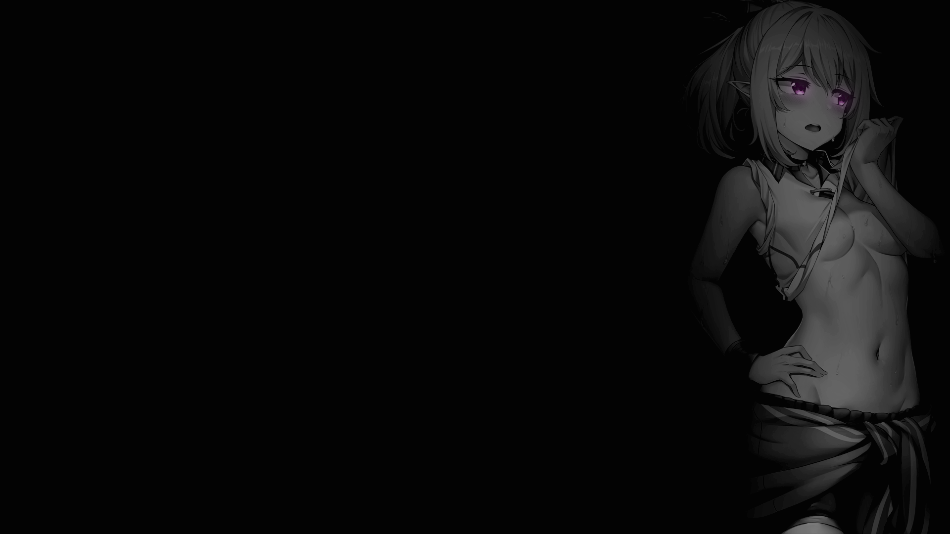 Anime 1920x1080 selective coloring black background dark background simple background anime girls lifting shirt underboob belly Chloe (Princess Connect) Princess Connect Re:Dive