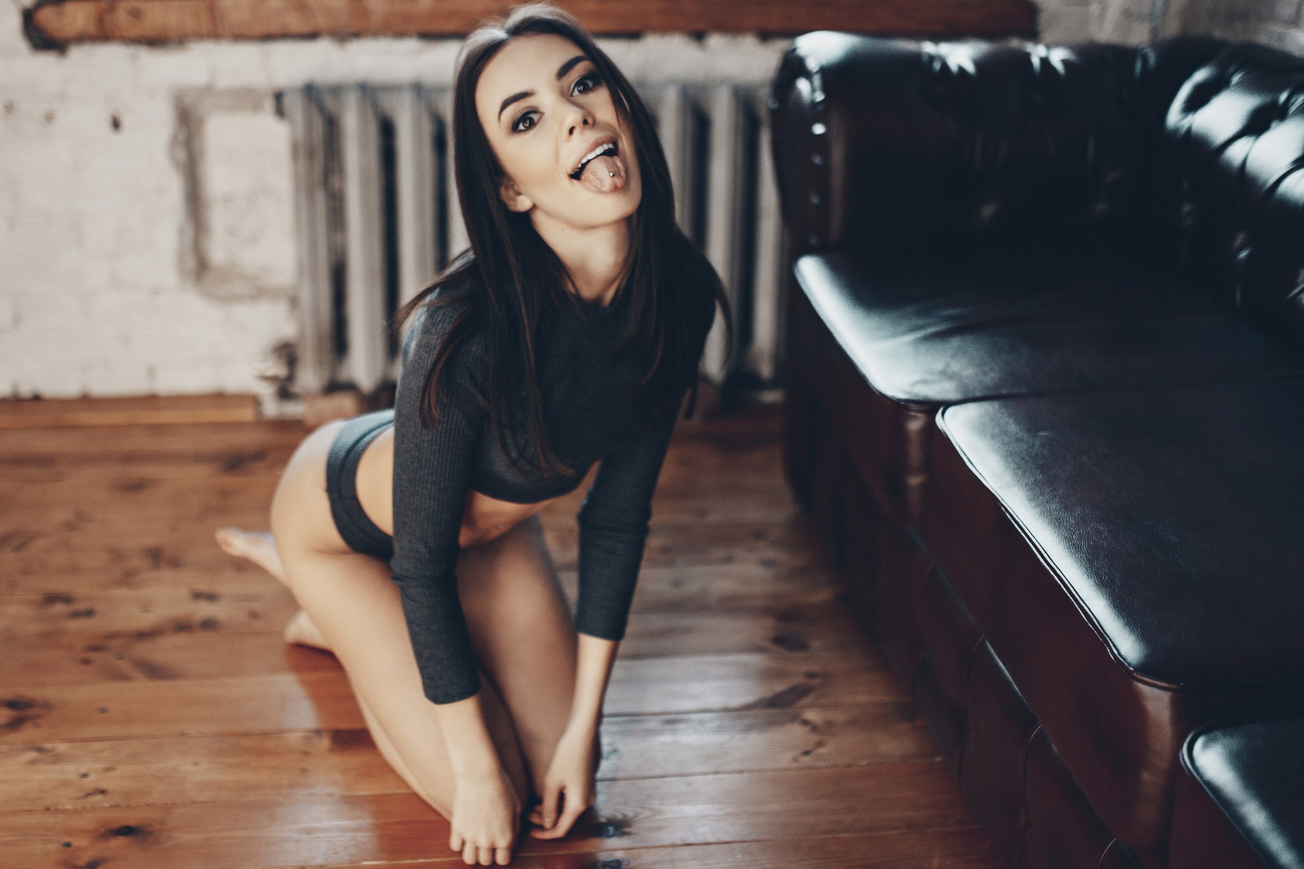 People 2560x1707 Olga Laferova women model women indoors indoors panties kneeling on the floor tongues tongue out couch radiator black hair long hair pierced tongue open mouth thighs together floor barefoot looking at viewer belly depth of field
