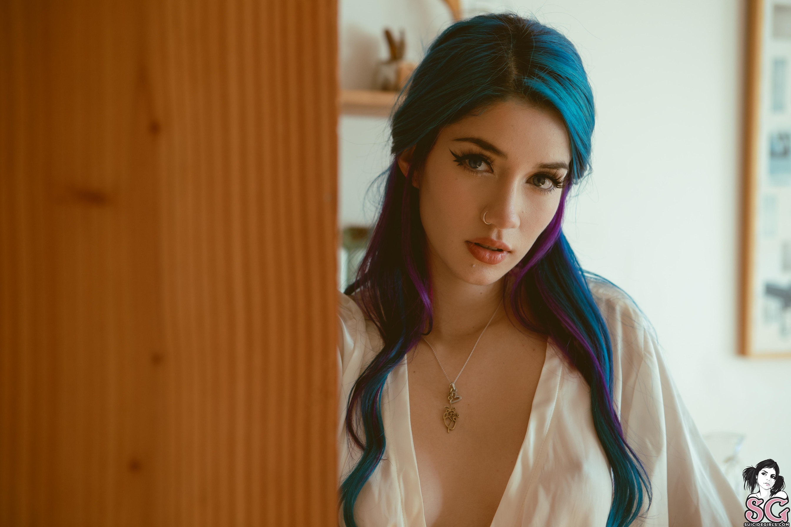 People 2688x1792 Fay Suicide Suicide Girls portrait face dyed hair women model looking at viewer necklace bokeh robes Latinas Chilean Chilean women nipple bulge closeup watermarked