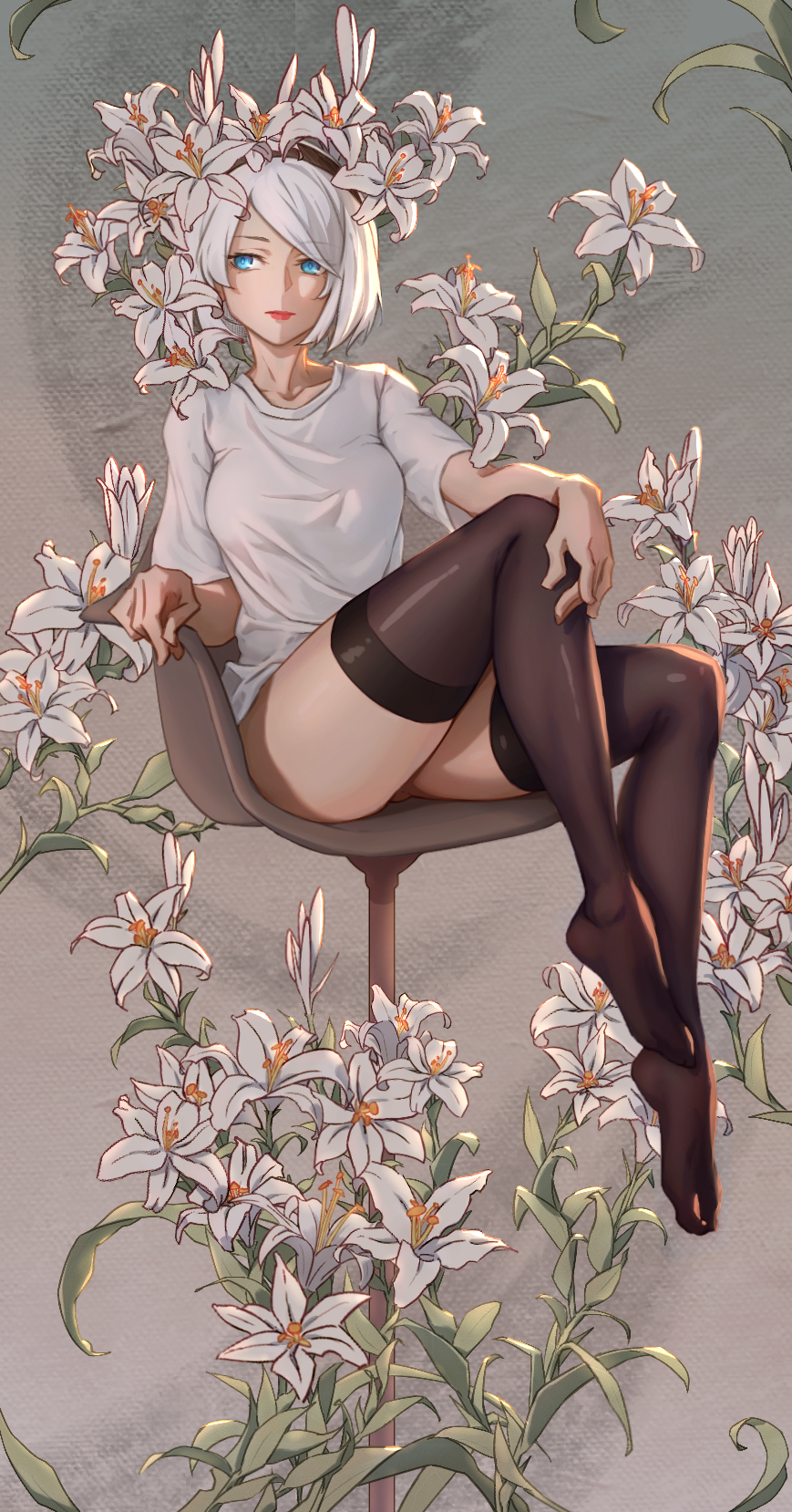 Anime 869x1658 thigh-highs Nier: Automata flowers 2B (Nier: Automata) thigh high socks partially clothed women