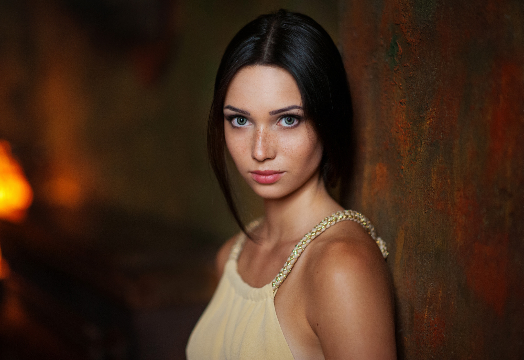 People 2048x1405 Maxim Maximov women Mariya Volokh dark hair blue eyes looking at viewer freckles portrait