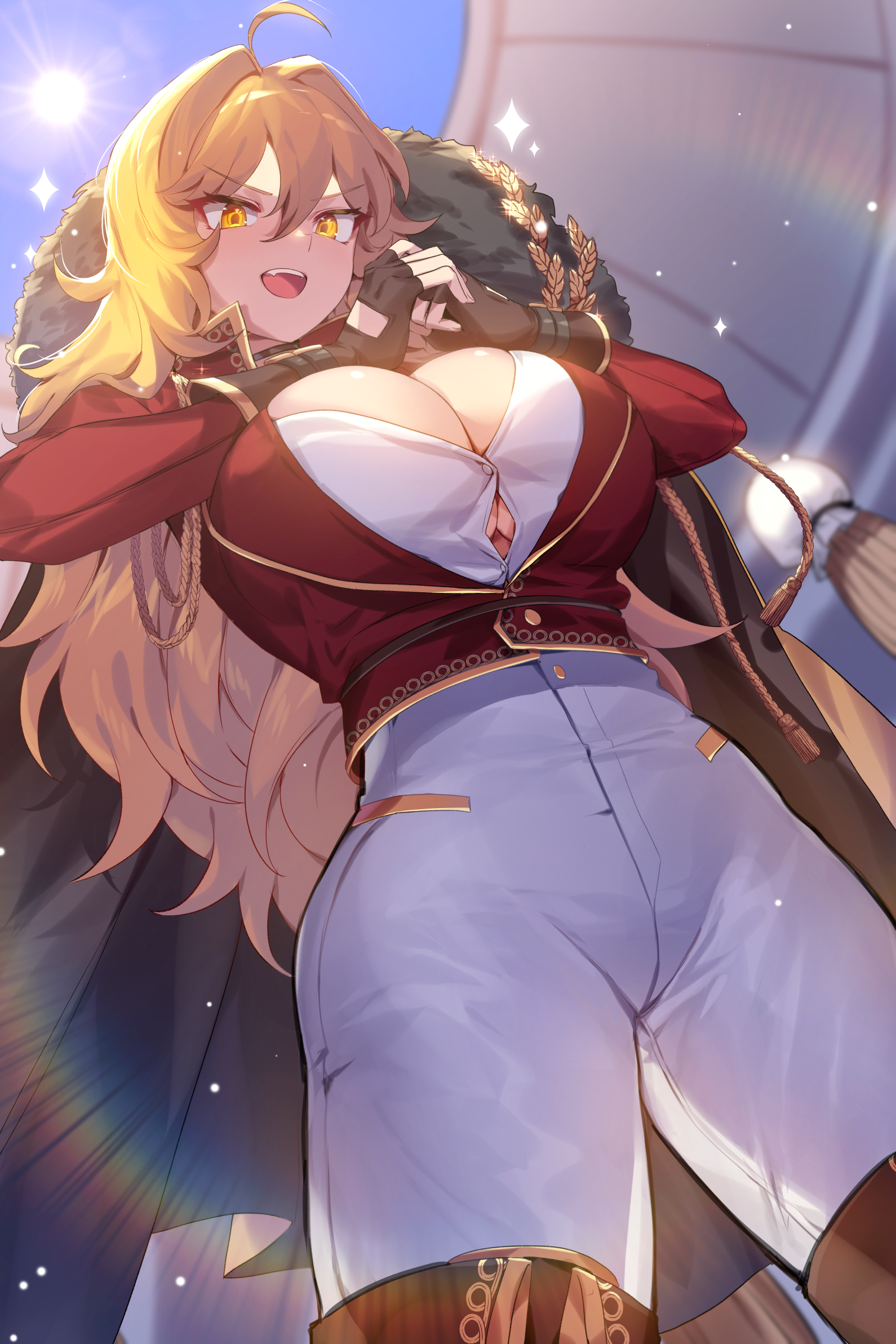 Anime 1590x2385 anime anime girls original characters jacket pants knee-high boots curvy huge breasts cleavage smug face artwork drawing mendou kusai standing