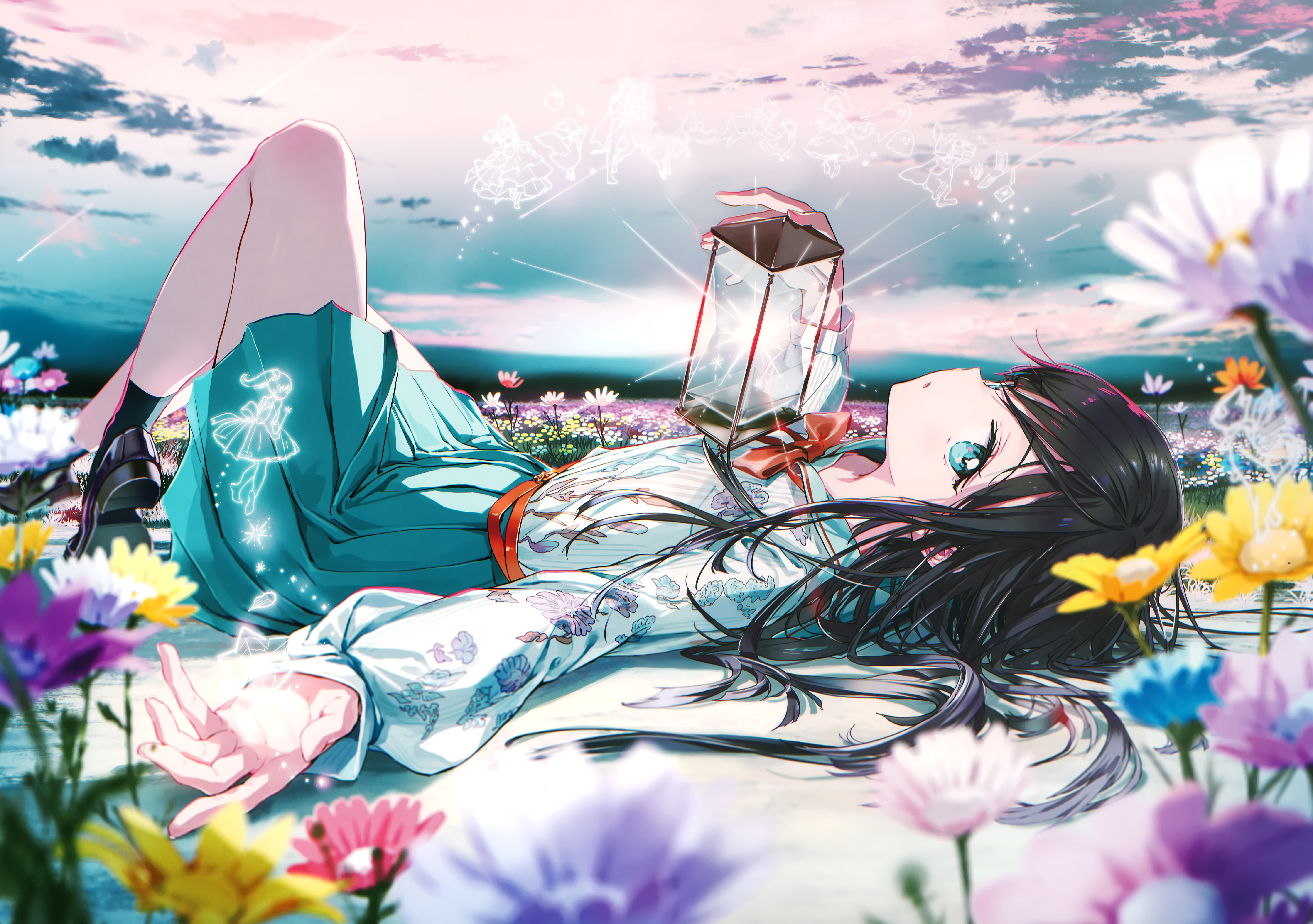 Anime 5787x4075 anime anime girls original characters artwork Tiv flowers black hair blue eyes lying on back
