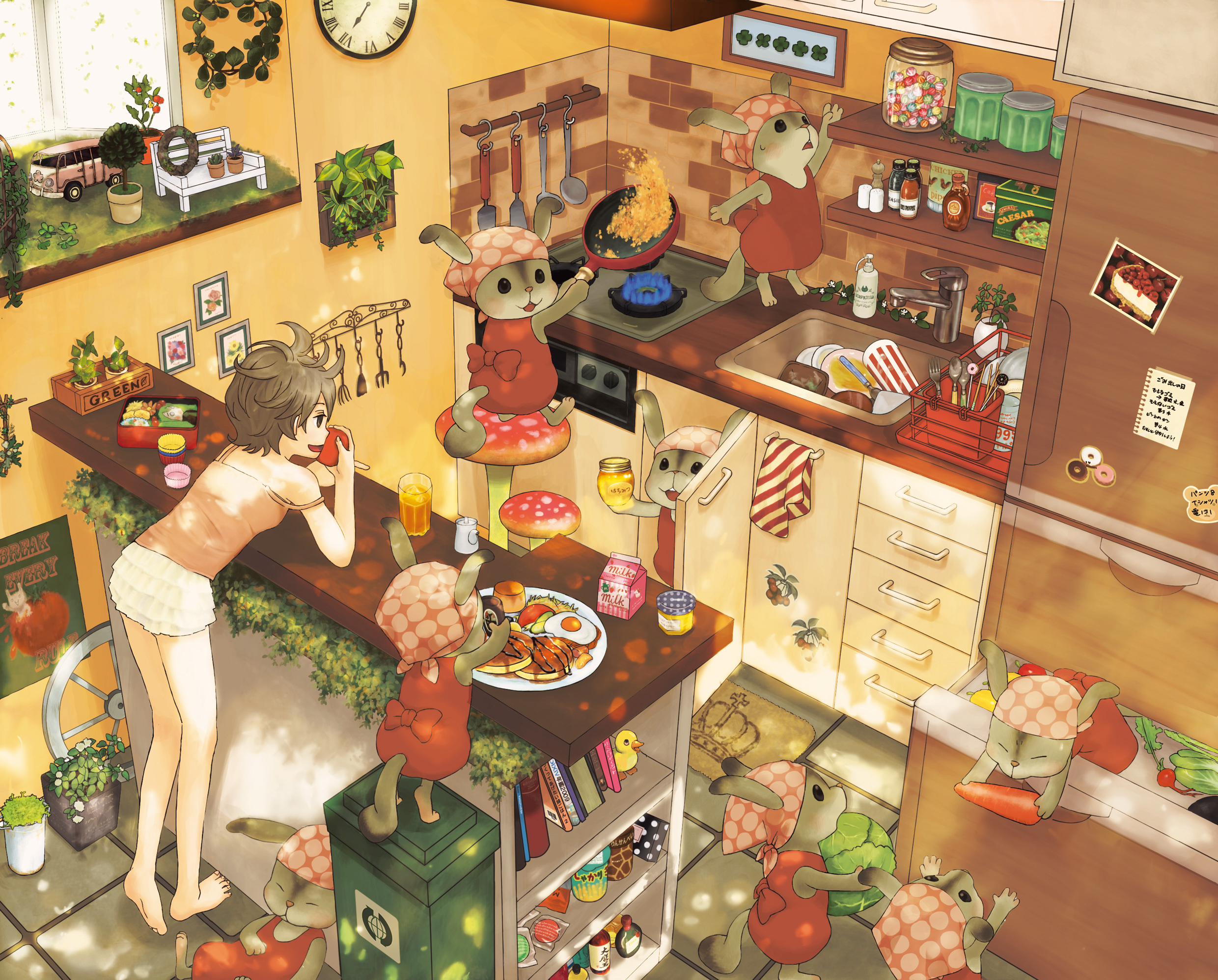 Anime 2480x1996 anime anime girls original characters tiles animals tile floor indoors women indoors plates plants eggs pancakes mushroom cabinets clocks sink open mouth short hair off shoulder window barefoot bandeau top cabbage carrots carpet drinking glass honey milk fork spoon cup duck smiling silverware shelves kitchen leaves jar fridge cooking messy hair syrup Roman numerals bench Cheesecake