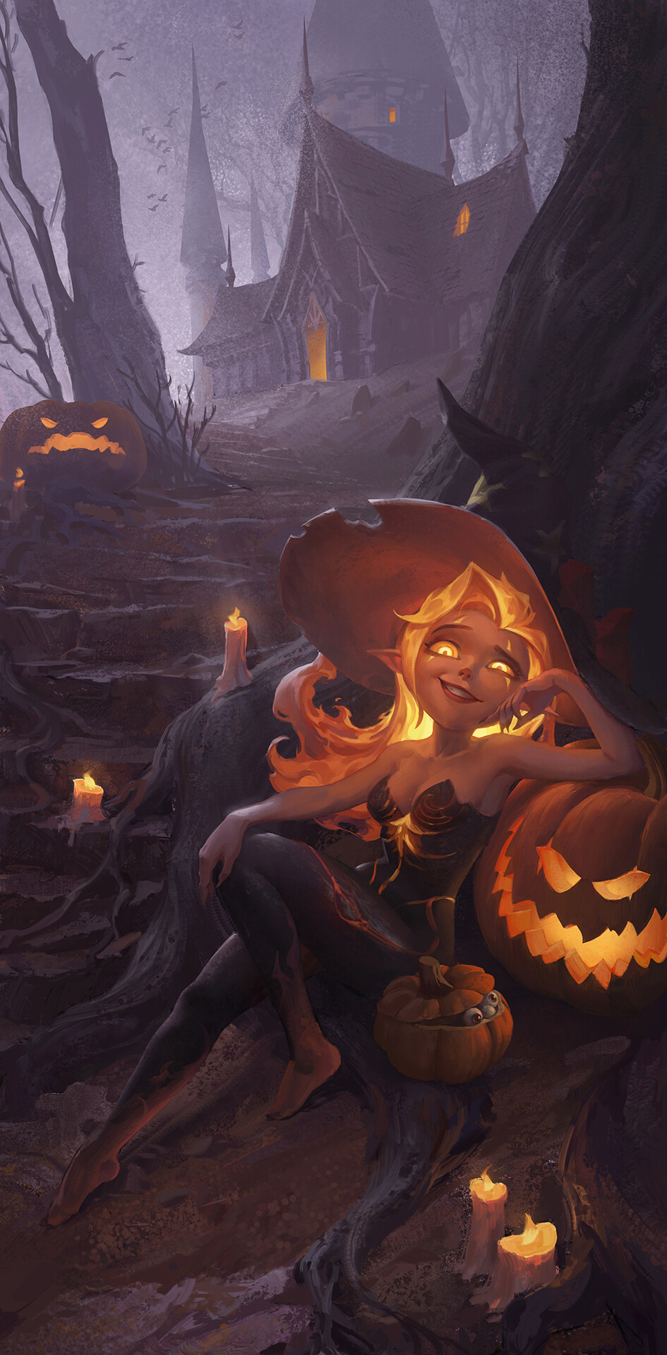 General 945x1920 Xin Jin Halloween fantasy art fantasy girl pumpkin glowing eyes artwork ArtStation