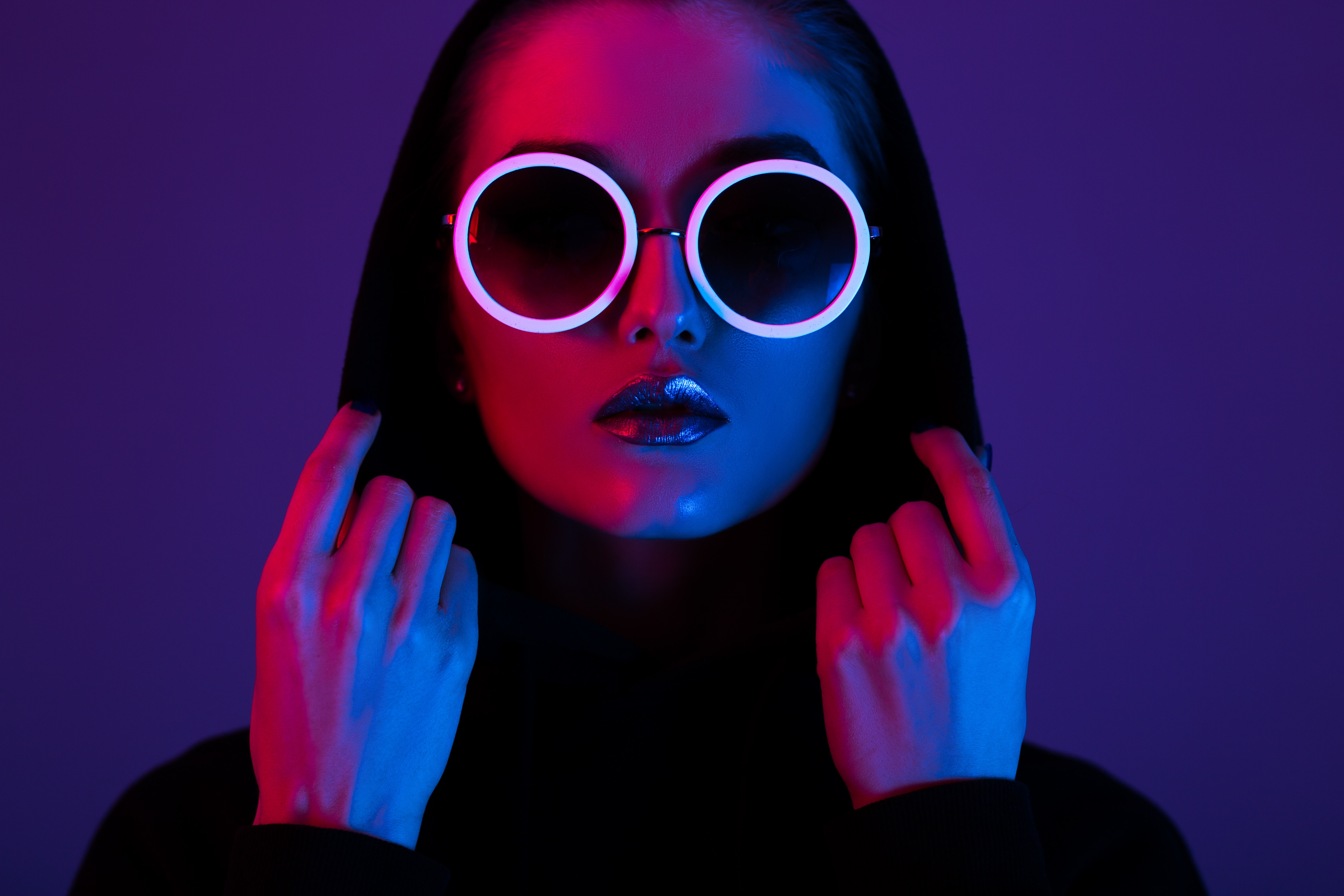 People 5472x3648 neon sunglasses lights red blue hoods portrait violet face sweater closeup low light simple background