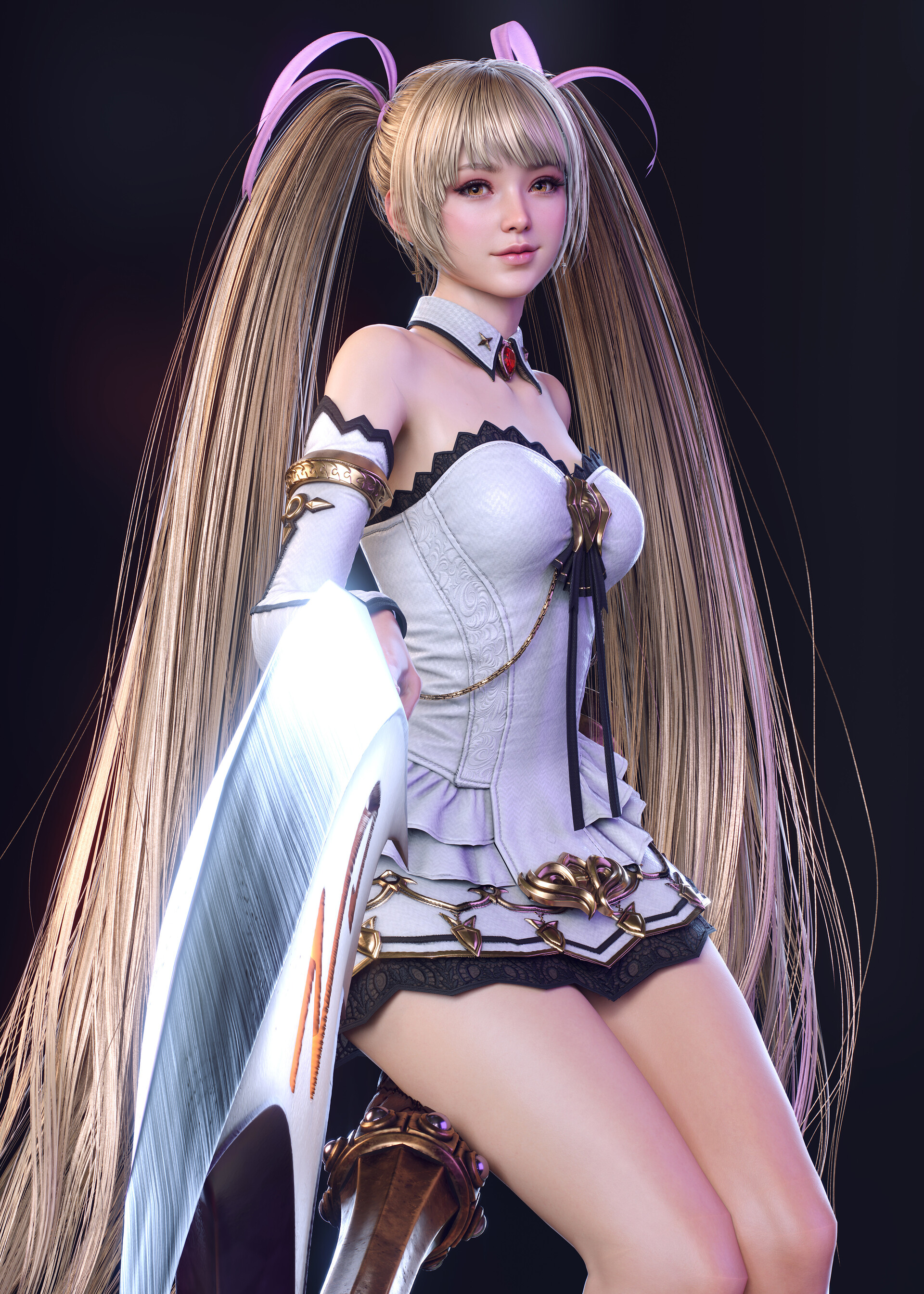 General 1920x2688 Sunghyun Yun CGI blonde women video game art twintails weapon blades dress white clothing long hair simple background thighs