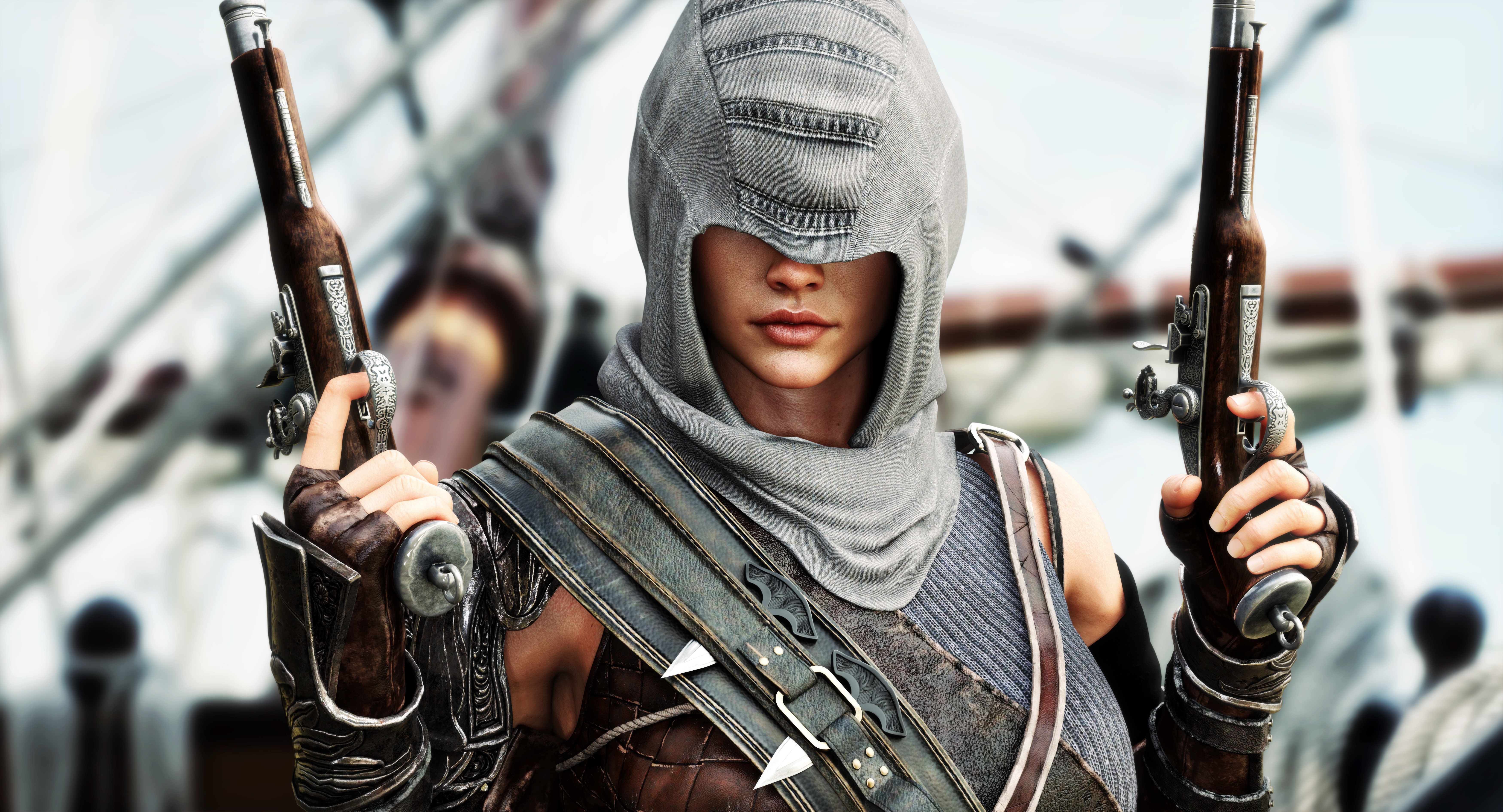 General 7000x3784 women gun pirates weapon hoods combat assassins  CGI covered eye(s) armor closeup Assassin's Creed