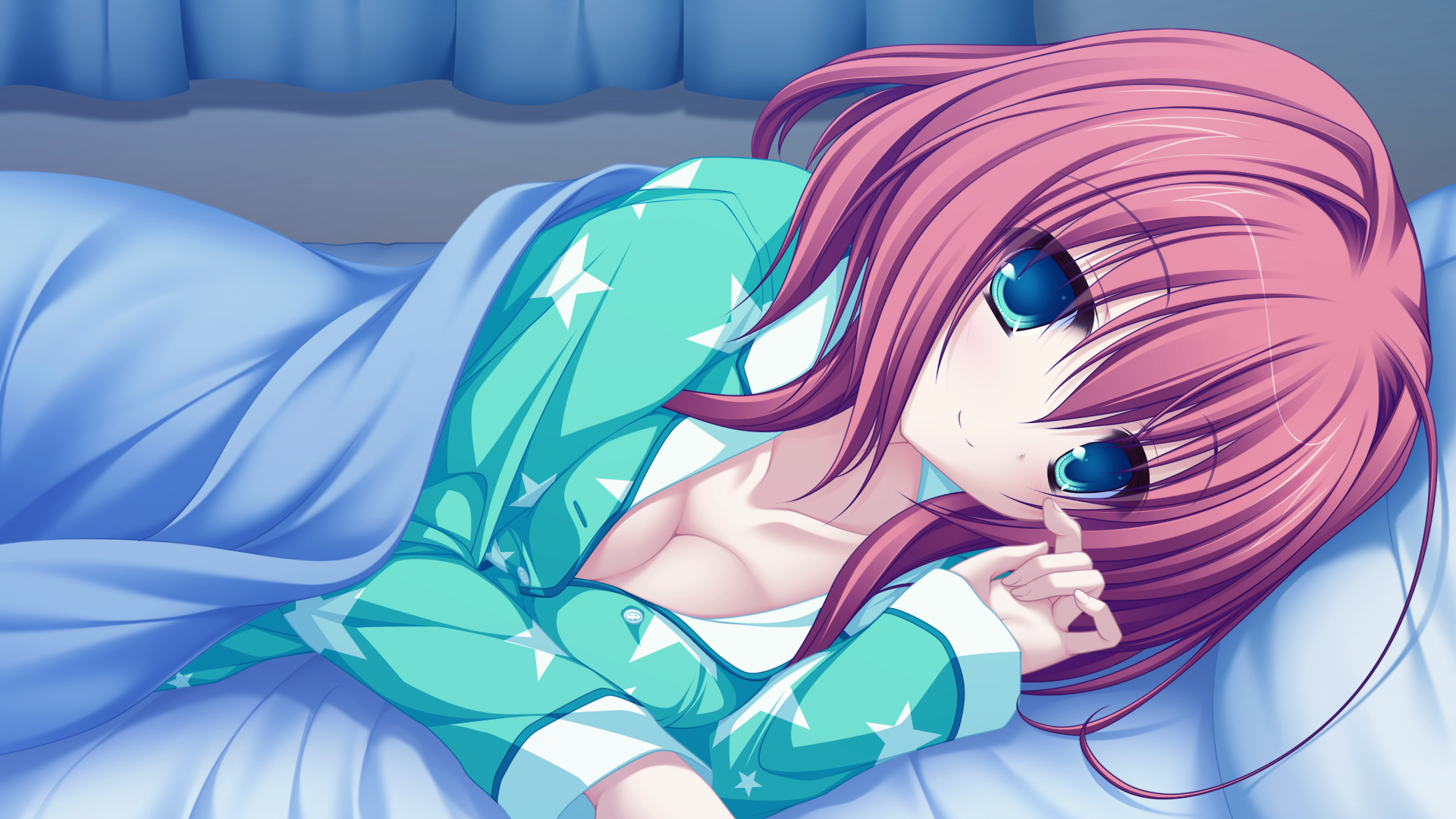 Anime 1920x1080 redhead cleavage blue eyes in bed pyjamas anime girls Lunaris Filia Mikagami Mamizu