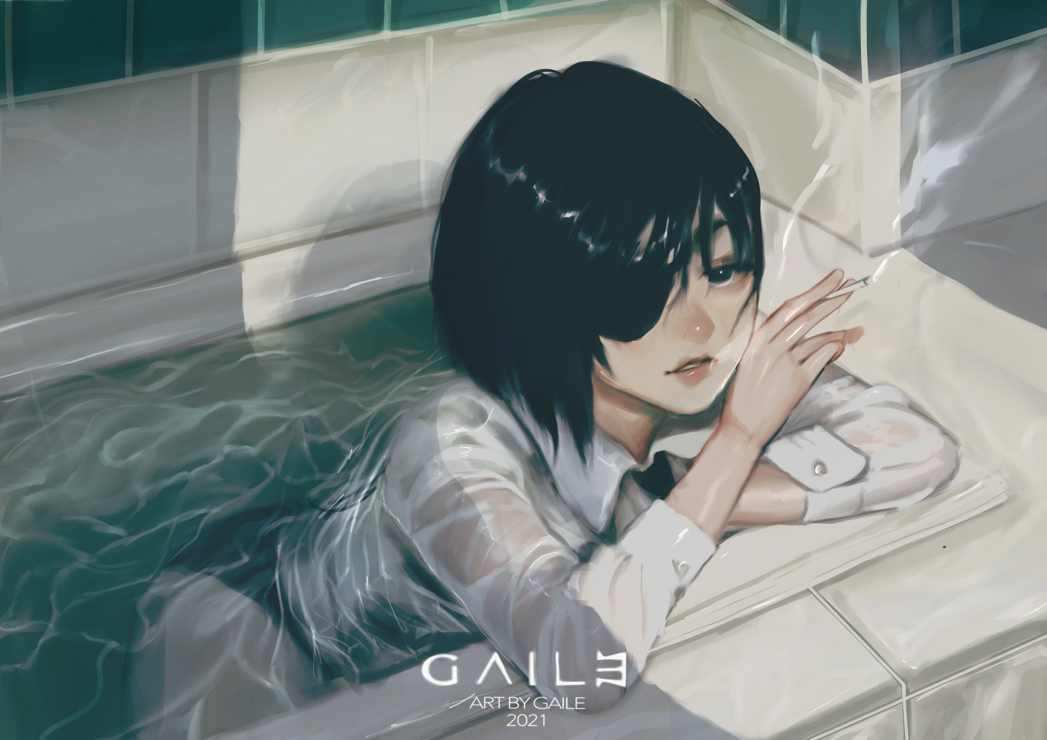 Anime 3508x2480 Trisha Gaile Movilla water eyepatches digital art in bathtub cigarettes Japanese wet clothing drawing ArtStation