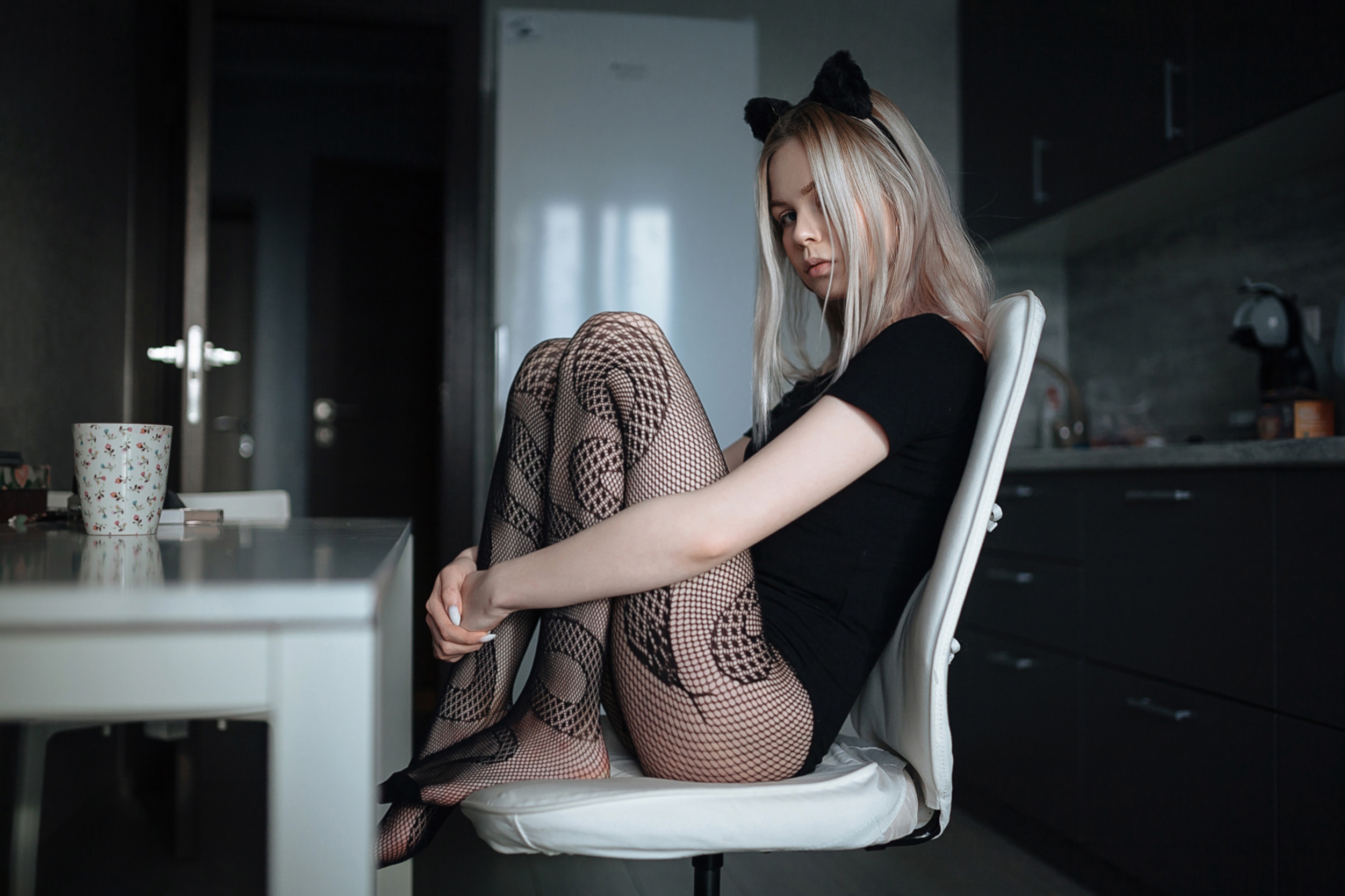People 2503x1669 women model sitting chair looking at viewer indoors women indoors pantyhose blonde legs together kitchen pointed toes fishnet fishnet pantyhose legs