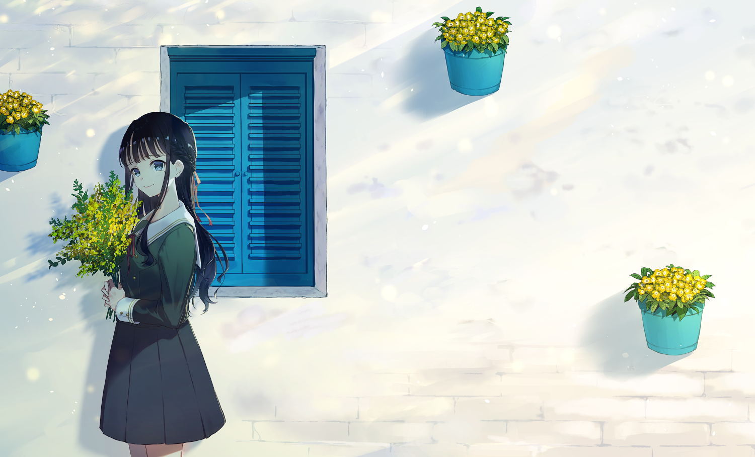 Anime 1500x908 anime girls anime Kusaka Kou black hair blue eyes smiling school uniform flowers wall