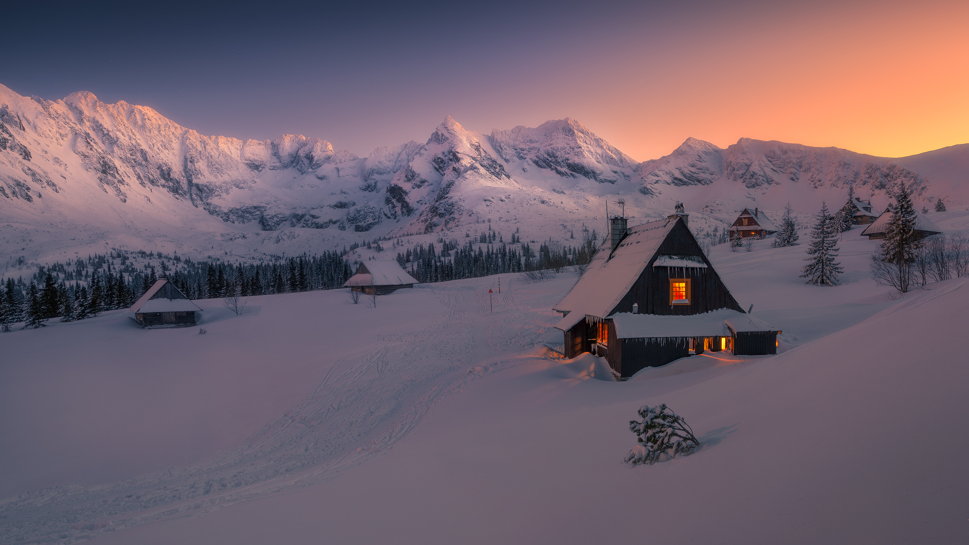 General 1920x1080 winter snow snow covered forest trees house lights sunset sky Tomasz Rojek mountains path