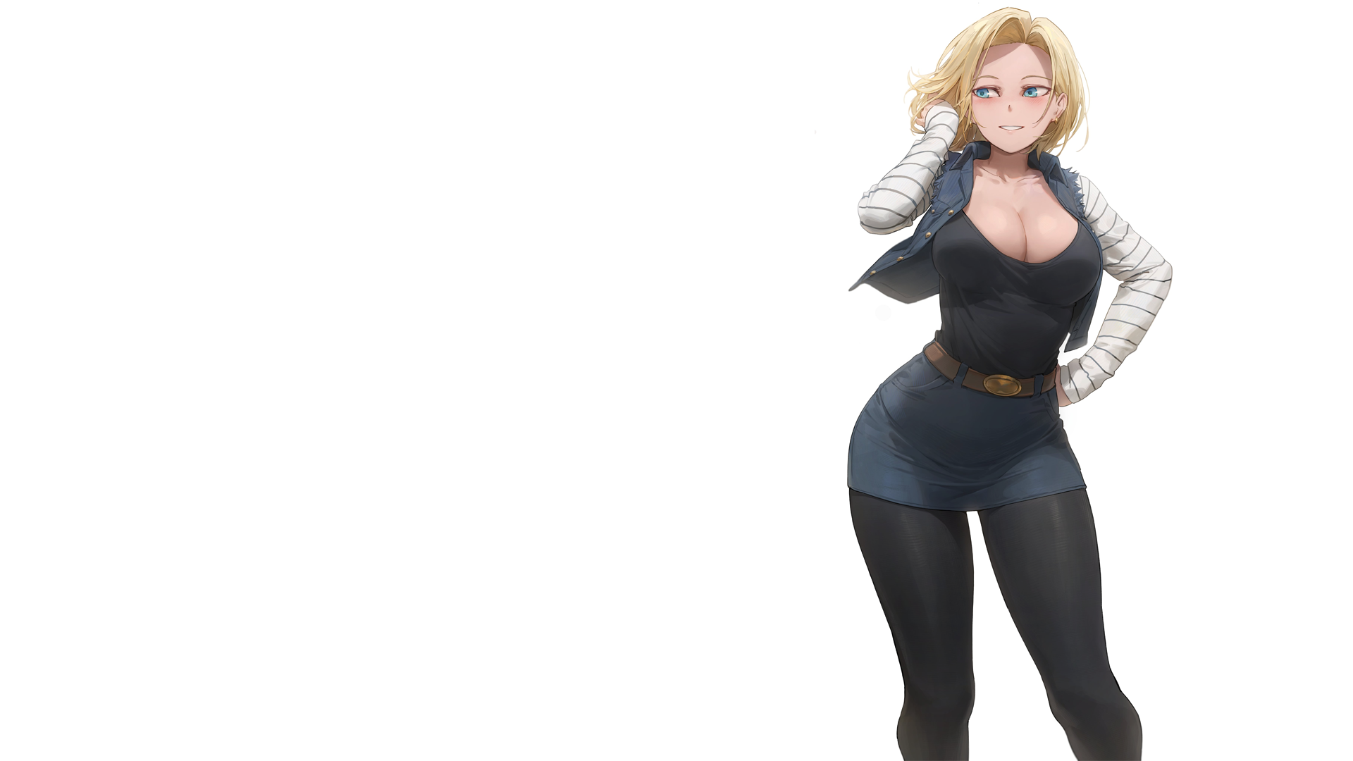 Anime 1920x1080 Dragon Ball blonde big boobs thighs thick thigh Android 18 Dragon Ball Z cleavage looking sideways smiling simple background blushing minimalism open jacket white background skirt