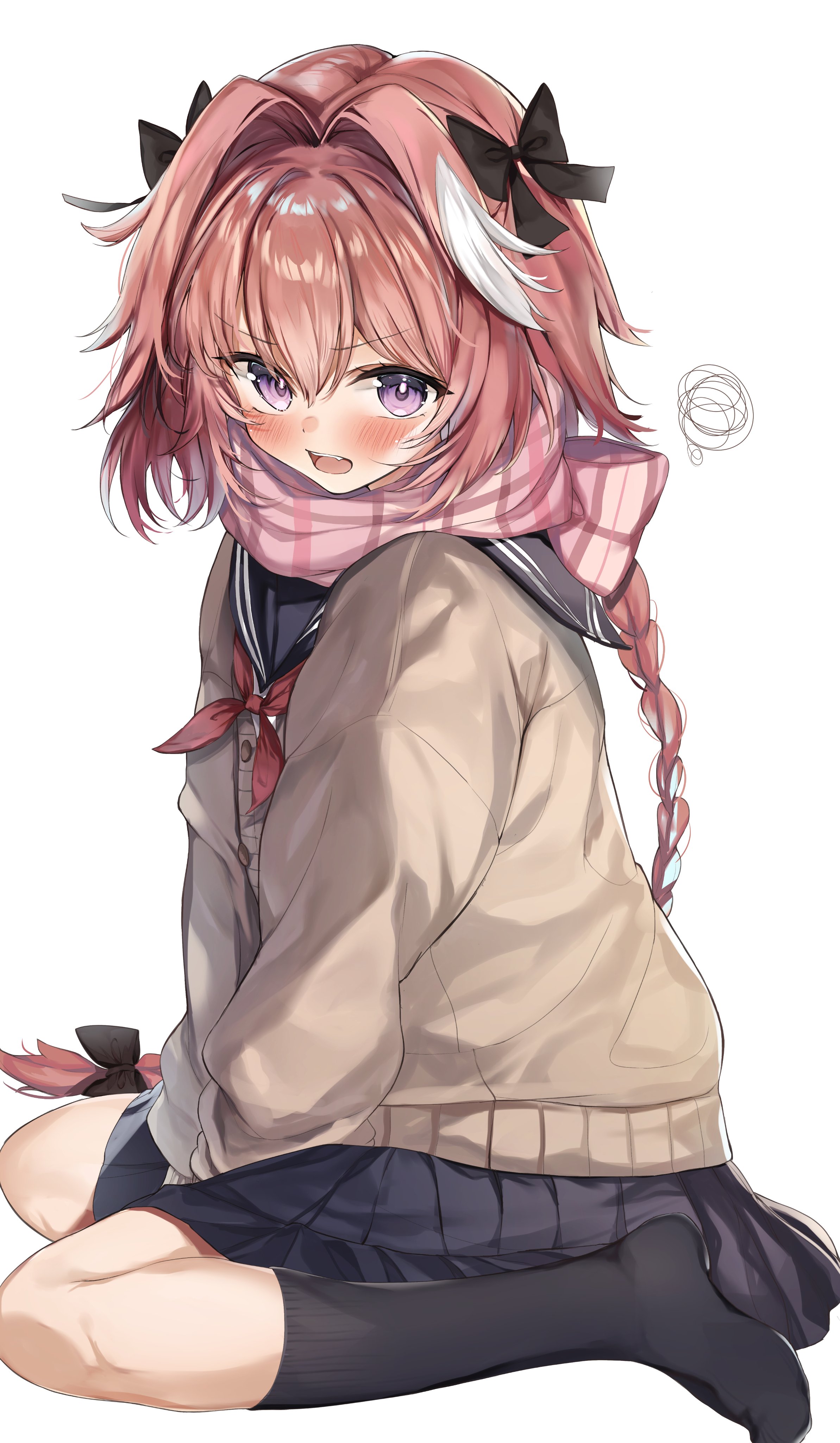 Anime 2386x4096 Fate series Fate/Grand Order Fate/Apocrypha  two tone hair open mouth alternate costume femboy black socks  thighs purple eyes crossdressing looking at viewer hand(s) between legs sitting black ribbons scarf winter sailor uniform cardigan french braids Astolfo (Fate/Apocrypha) pink hair white hair long hair bangs anime anime boys Mochi Nabe