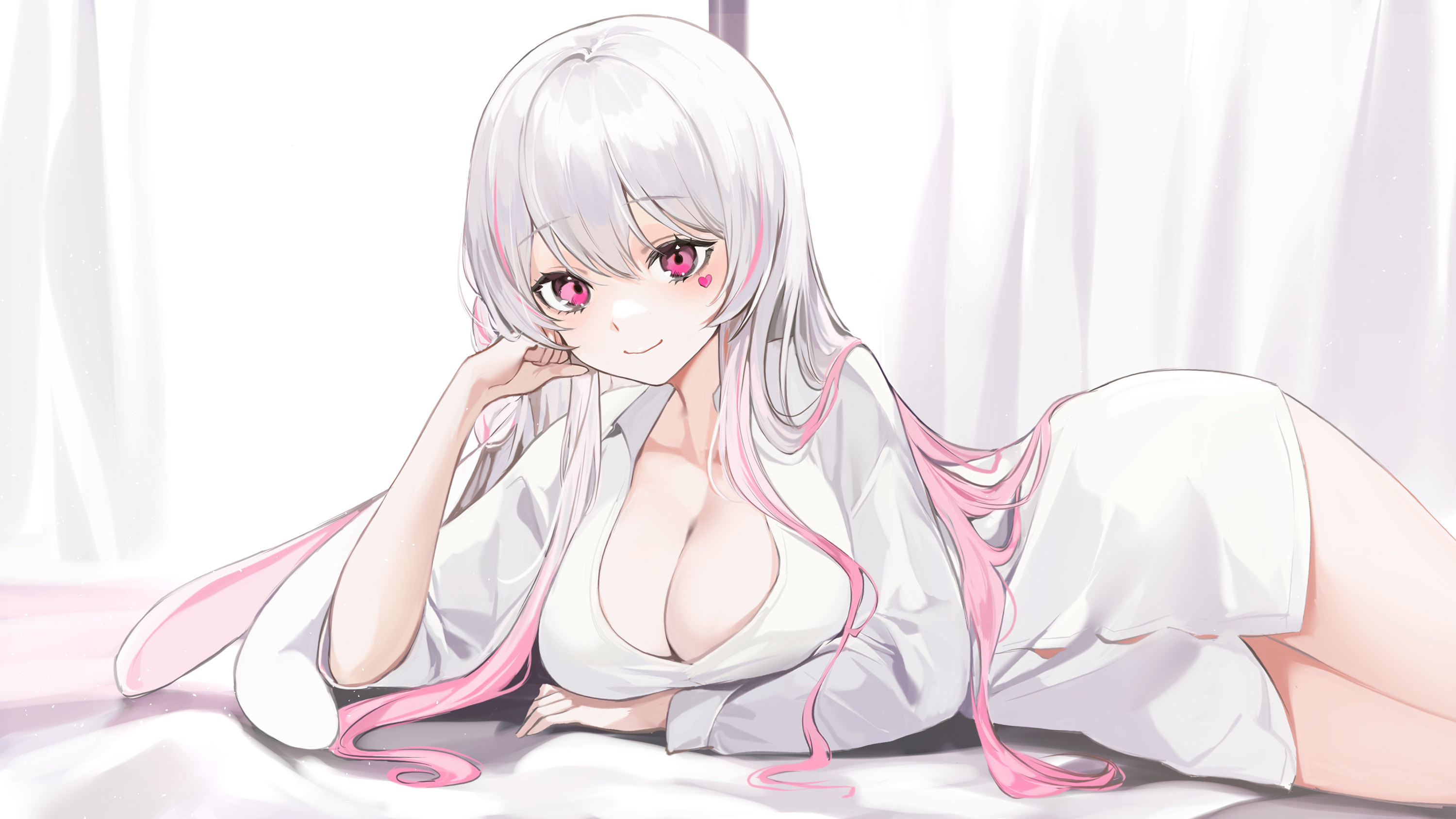 Anime 3000x1688 anime girls boobs big boobs pink eyes long hair silver hair white shirt cleavage artwork lillly Heart (Tattoo) lying on front smiling two tone hair arm support