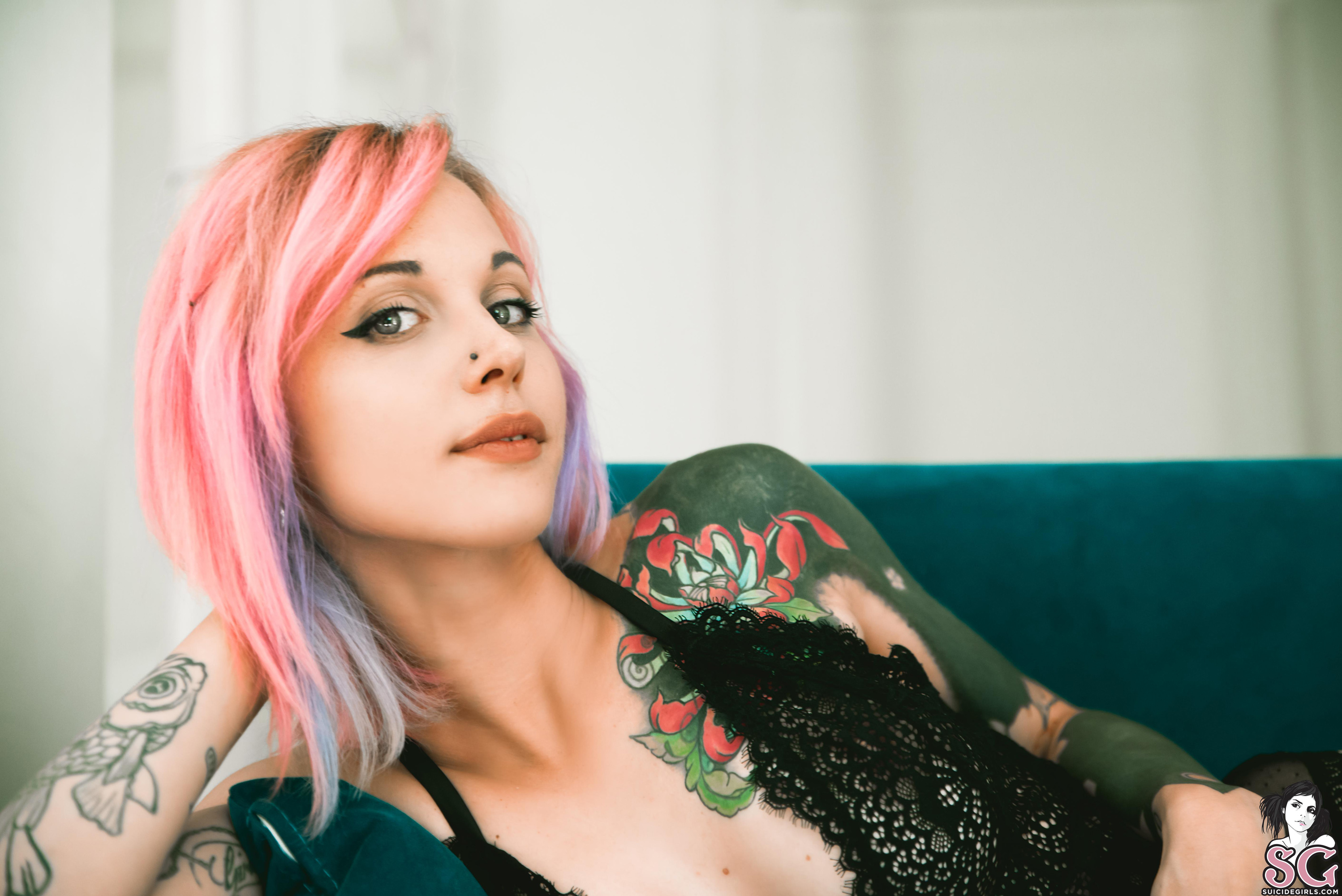 People 2996x2000 women model pink hair Suicide Girls indoors NinaQ Suicide watermarked pierced nose tattoo