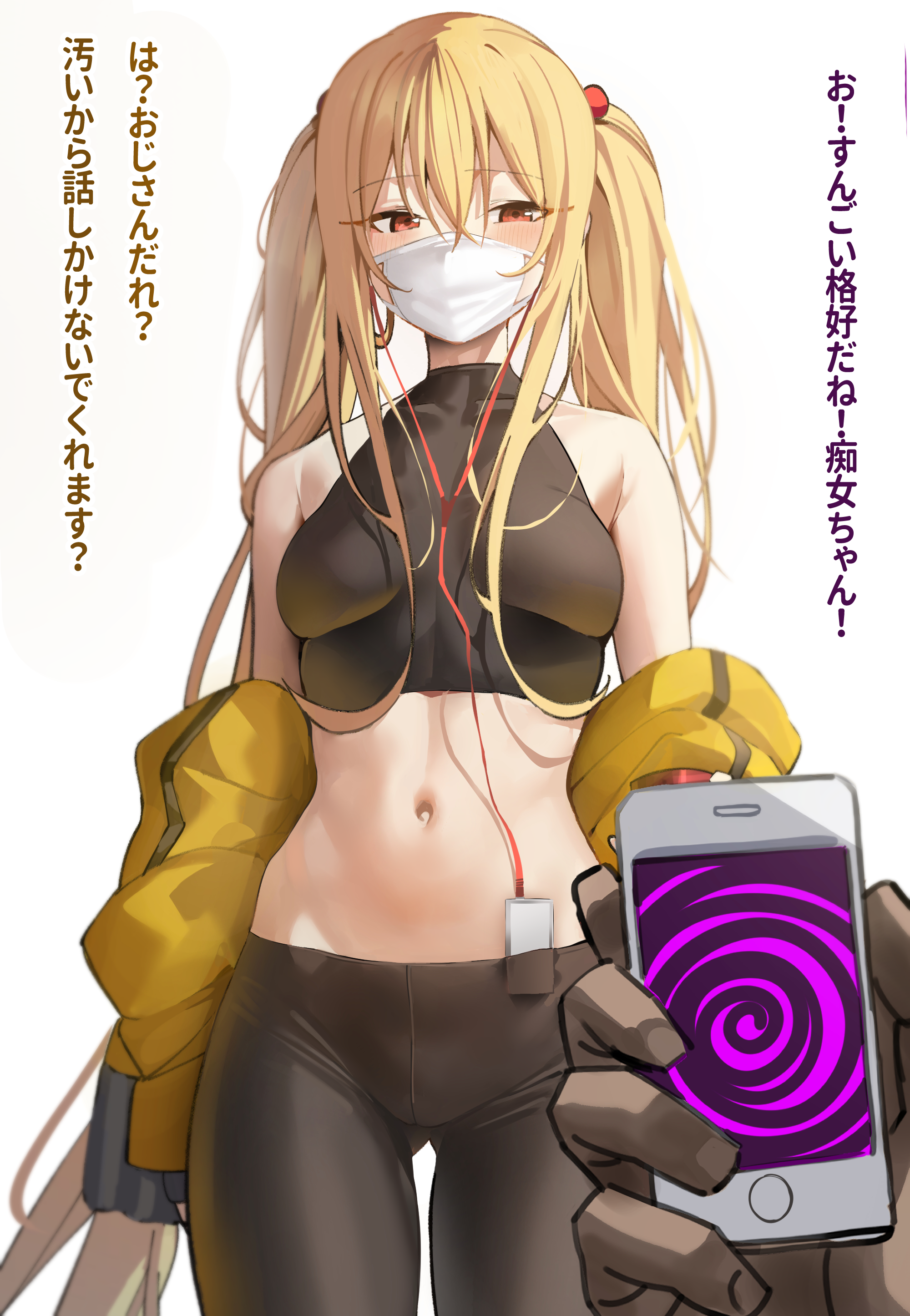 Anime 2000x2892 K pring blonde belly belly button bare shoulders red eyes mask smartphone jacket yoga pants boobs music player earphones long hair bare midriff crop top anime girls artwork standing