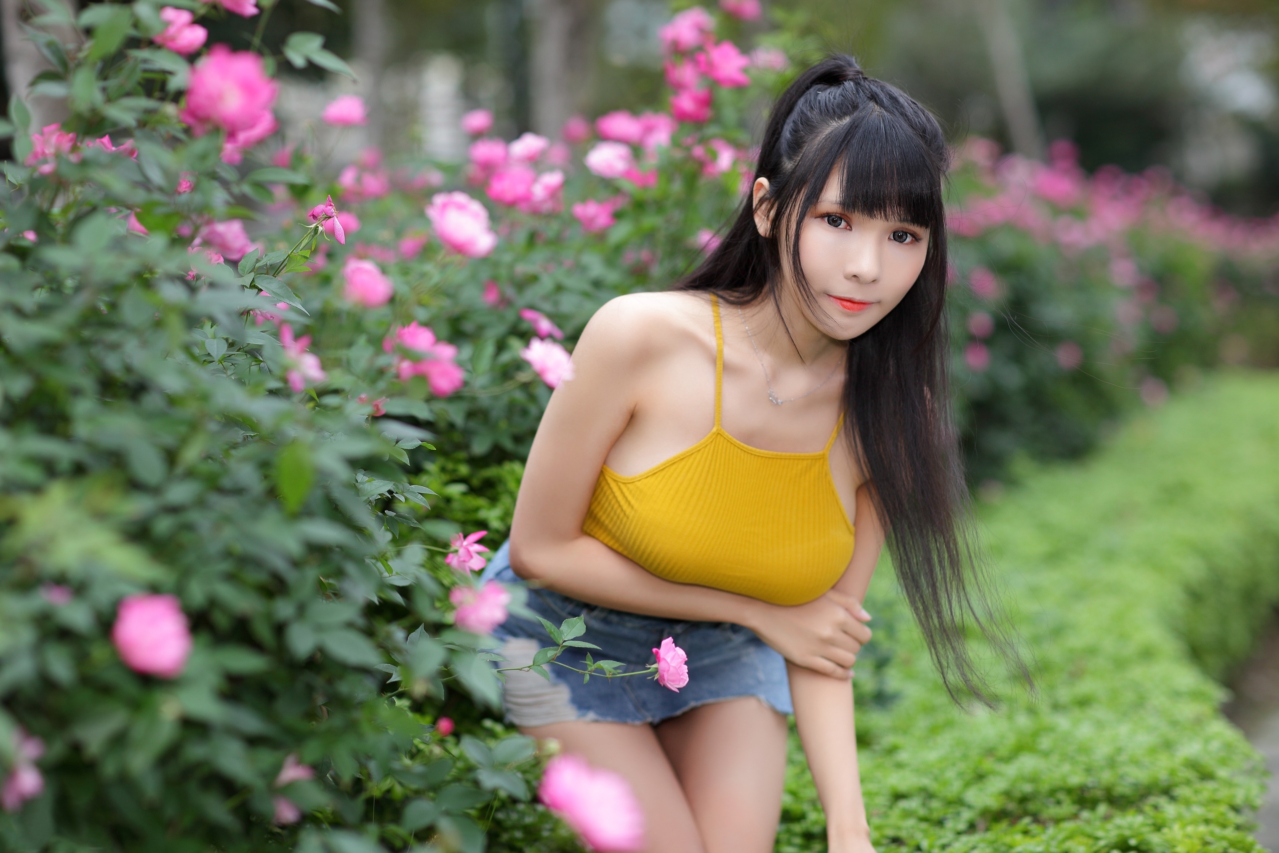 People 2560x1707 Vicky (Asian model) women model brunette Asian ponytail looking at viewer necklace yellow tops miniskirt bushes flowers depth of field outdoors women outdoors Taiwanese women holding boobs