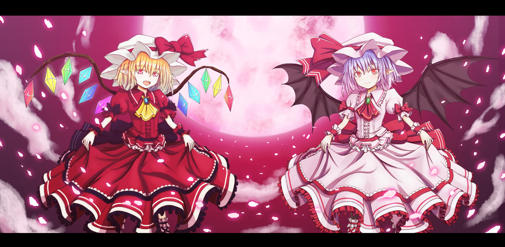 Anime 1634x800 Touhou Flandre Scarlet Remilia Scarlet ascot bat wings blonde dress fangs frills shirt full moon hat jewelry looking at viewer Moon open mouth petals purple hair red eyes red sky ribbon short hair short sleeves smiling wings loli