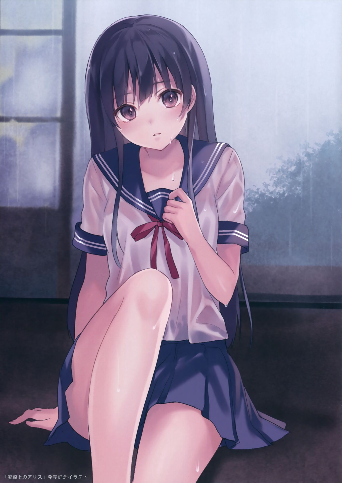 Anime 1416x2000 anime girls school uniform schoolgirl skirt wet dark hair brown eyes rain artwork Fukahire Sanba wet clothing