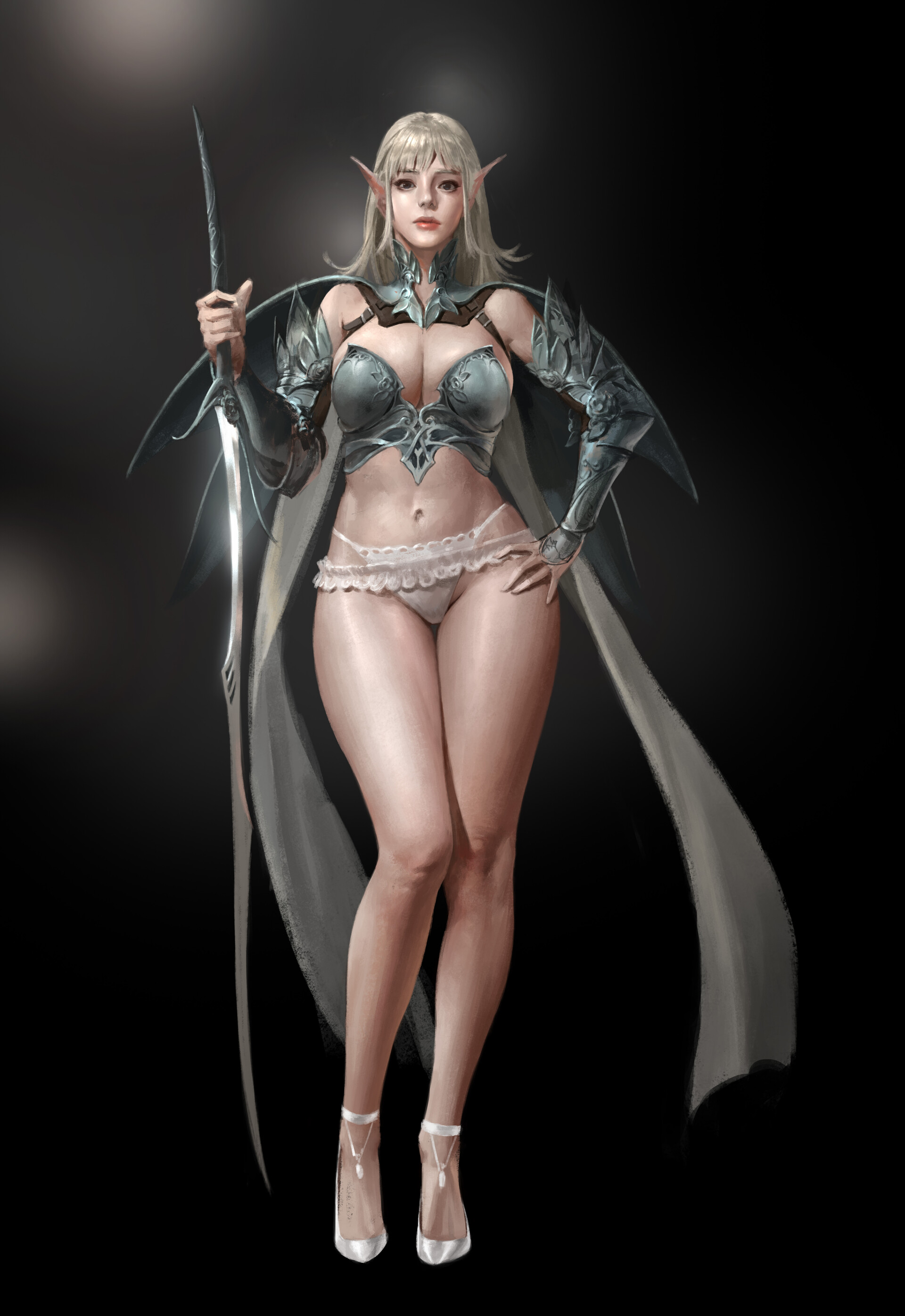 General 1920x2791 Bangku An drawing women blonde armor panties scarf weapon simple background elves