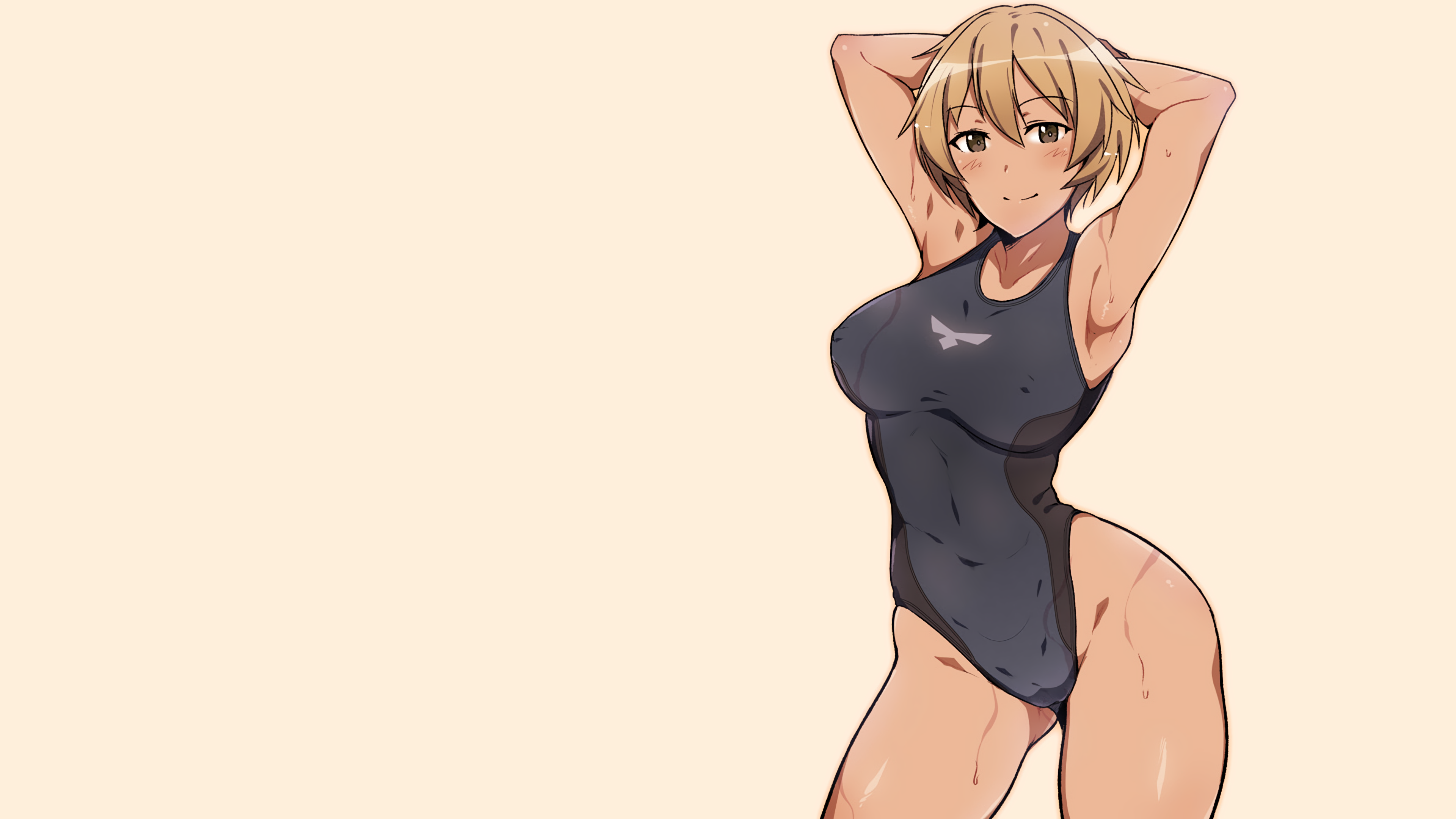 Anime 3840x2160 tanned swimwear one-piece swimsuit smiling anime girls short hair Brave Witches cameltoe armpits blonde looking at viewer