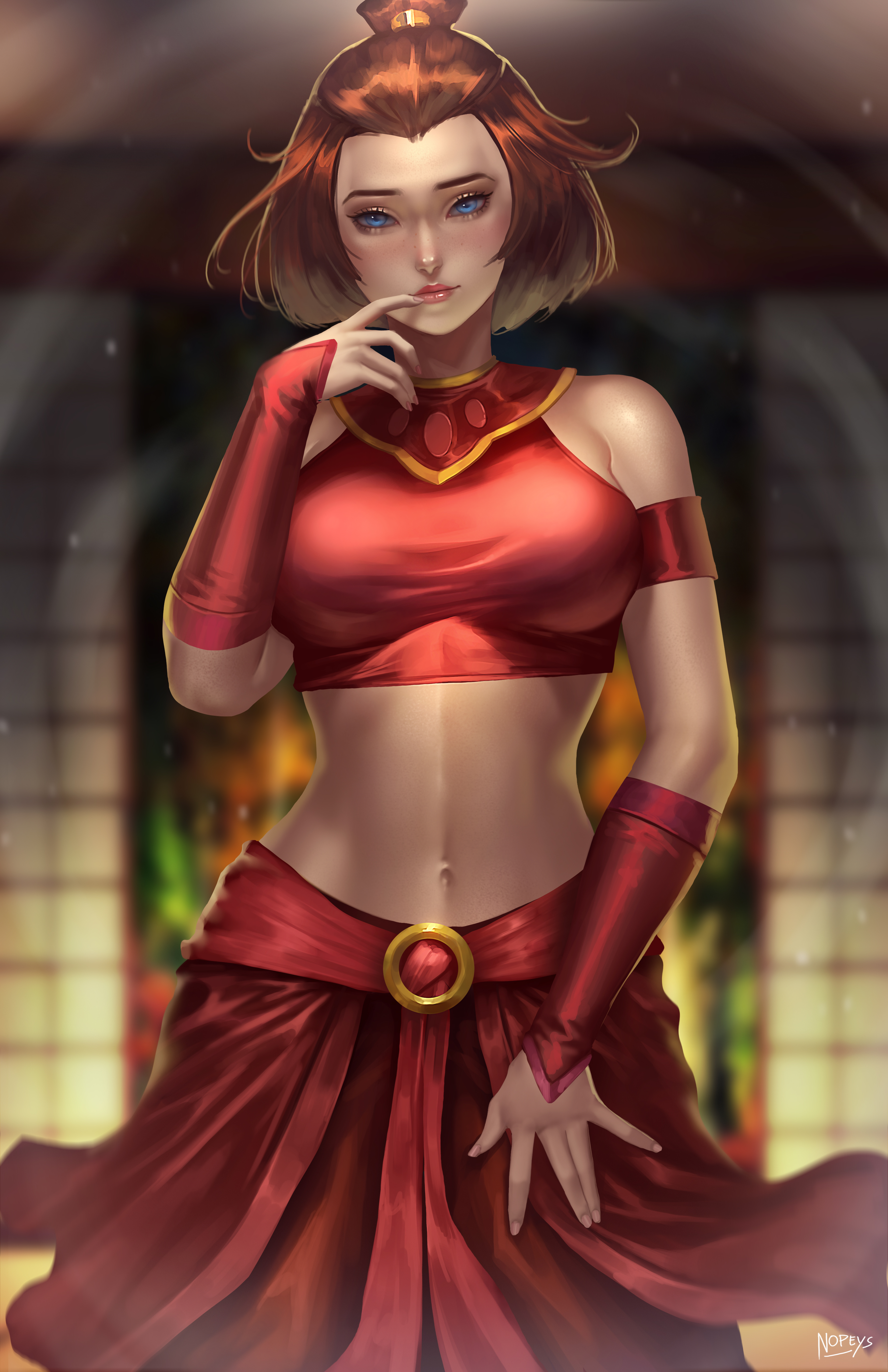 General 3300x5100 Suki Avatar: The Last Airbender animated series fictional character brunette blue eyes looking at viewer red tops red clothing curvy artwork drawing fan art Nopeys portrait display watermarked digital art