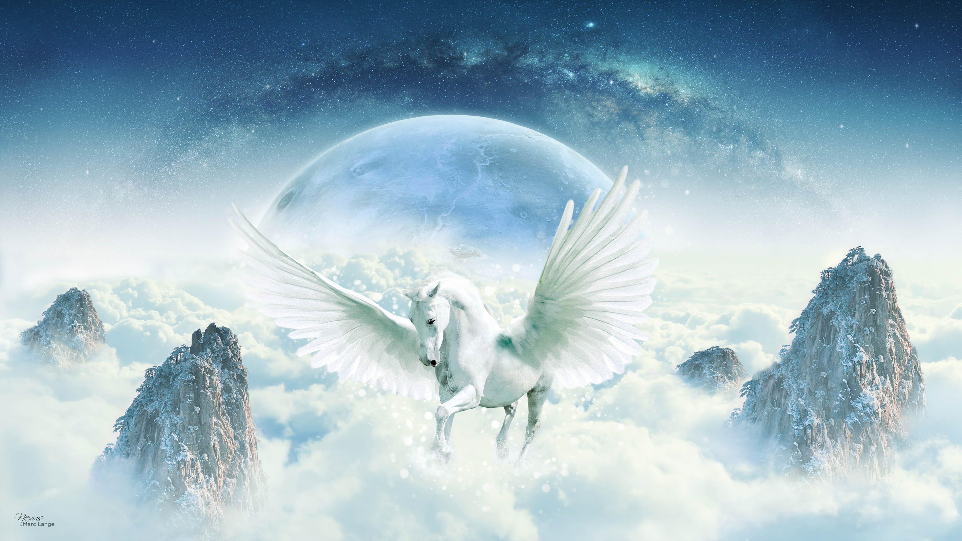 General 3840x2160 Pegasus artwork digital art sky clouds mountains galaxy Milky Way planet horse