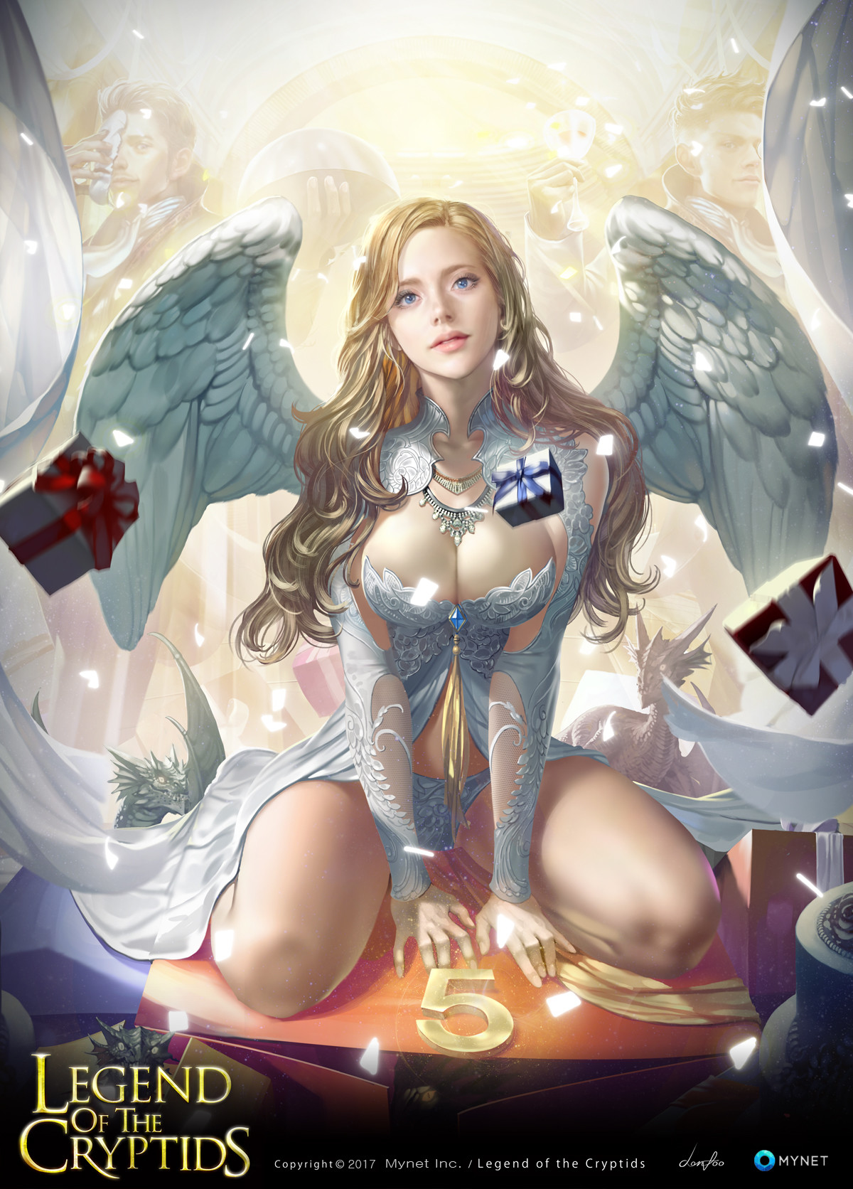 General 1200x1672 Donfoo drawing Legend of the Cryptids women blonde long hair wavy hair angel wings white clothing cleavage dress necklace blue eyes presents digital art watermarked portrait display