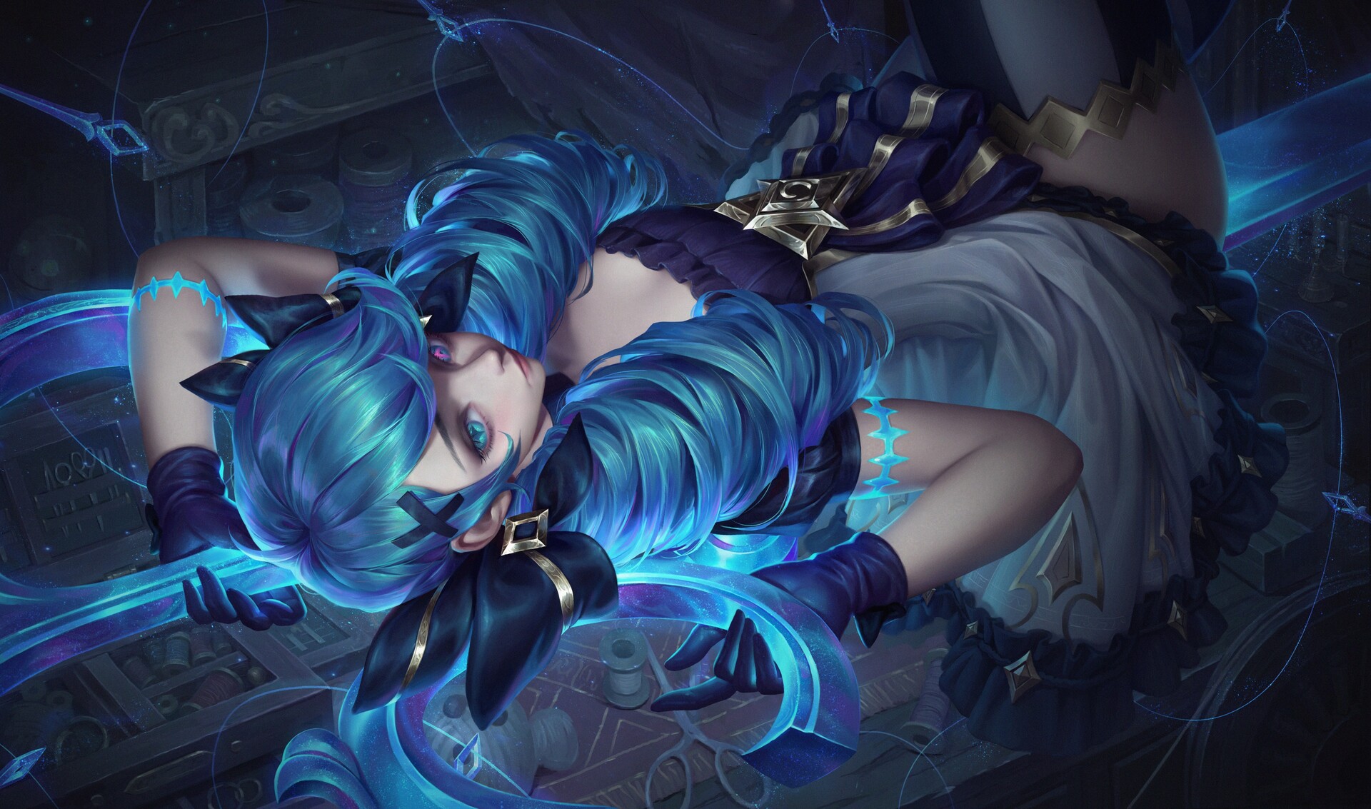 General 1920x1133 Gwen (League of Legends) lying on back looking at viewer twintails Riot Games video games video game characters