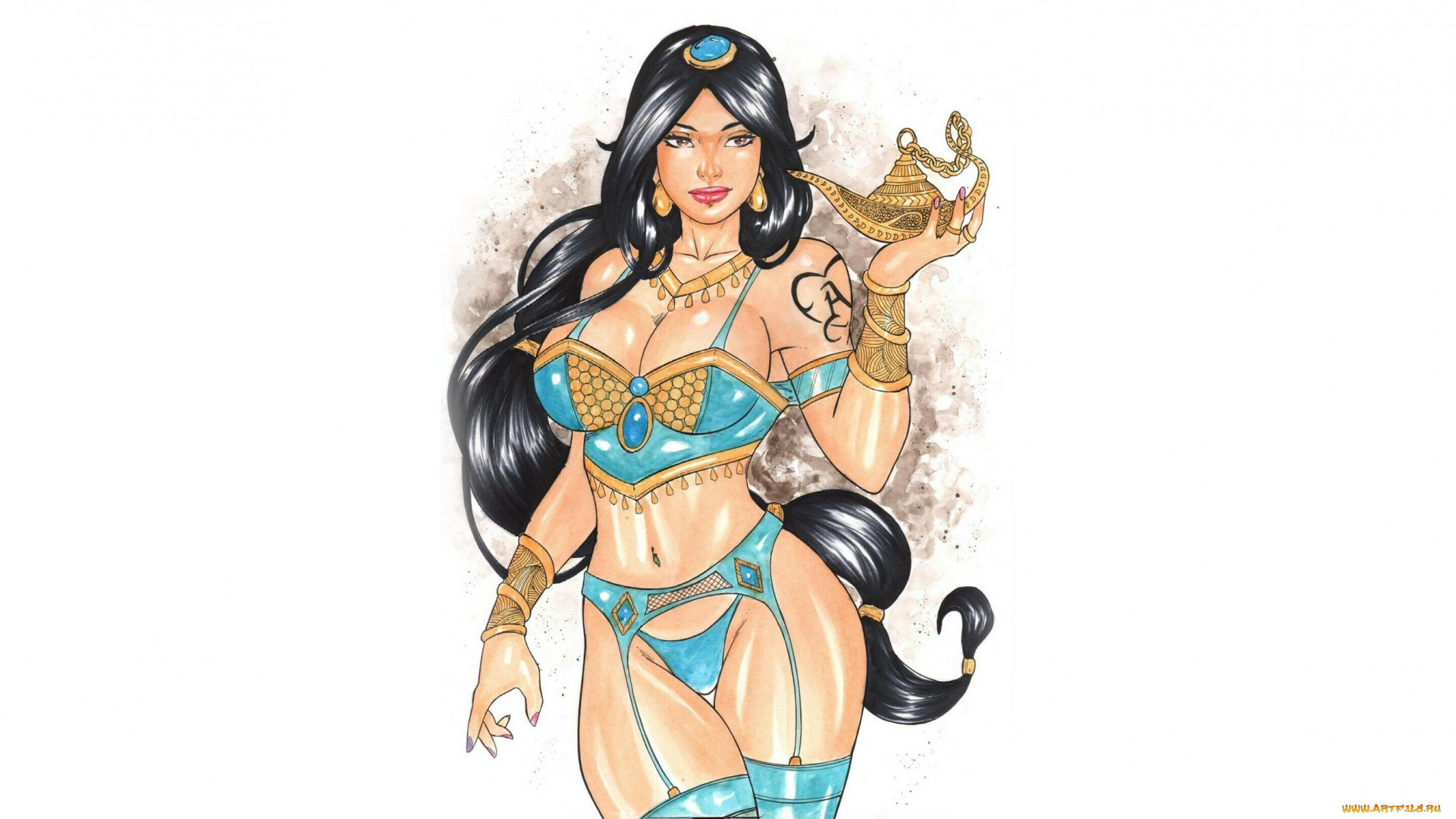 General 1920x1080 fantasy art women fantasy girl standing dark hair long hair lingerie simple background white background boobs big boobs lamp Princess Jasmine