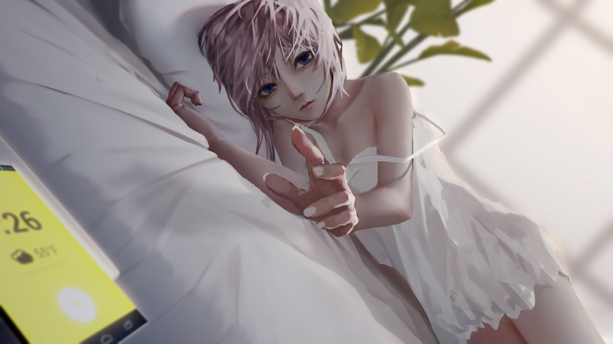 Anime 2400x1350 anime girls original characters Laxy in bed purple eyes long nails short hair cellphone