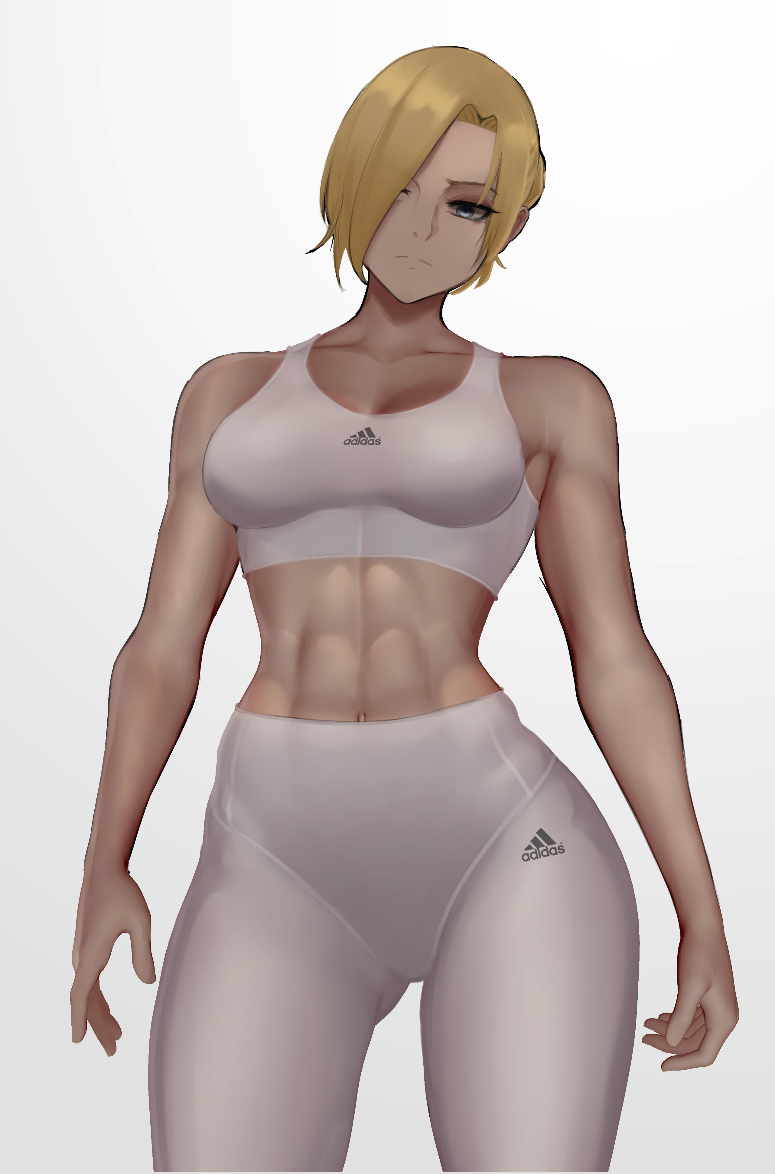 Anime 2563x3883 sports bra sportswear abs biceps muscular white bra yoga pants thighs 6-pack muscles fitness model alternate costume hair over one eye standing big boobs cleavage Annie Leonhart anime girls belly button long hair blonde blue eyes 2D simple background artwork anime portrait display tied hair Adidas looking at viewer bare shoulders fan art Biriyb Shingeki no Kyojin