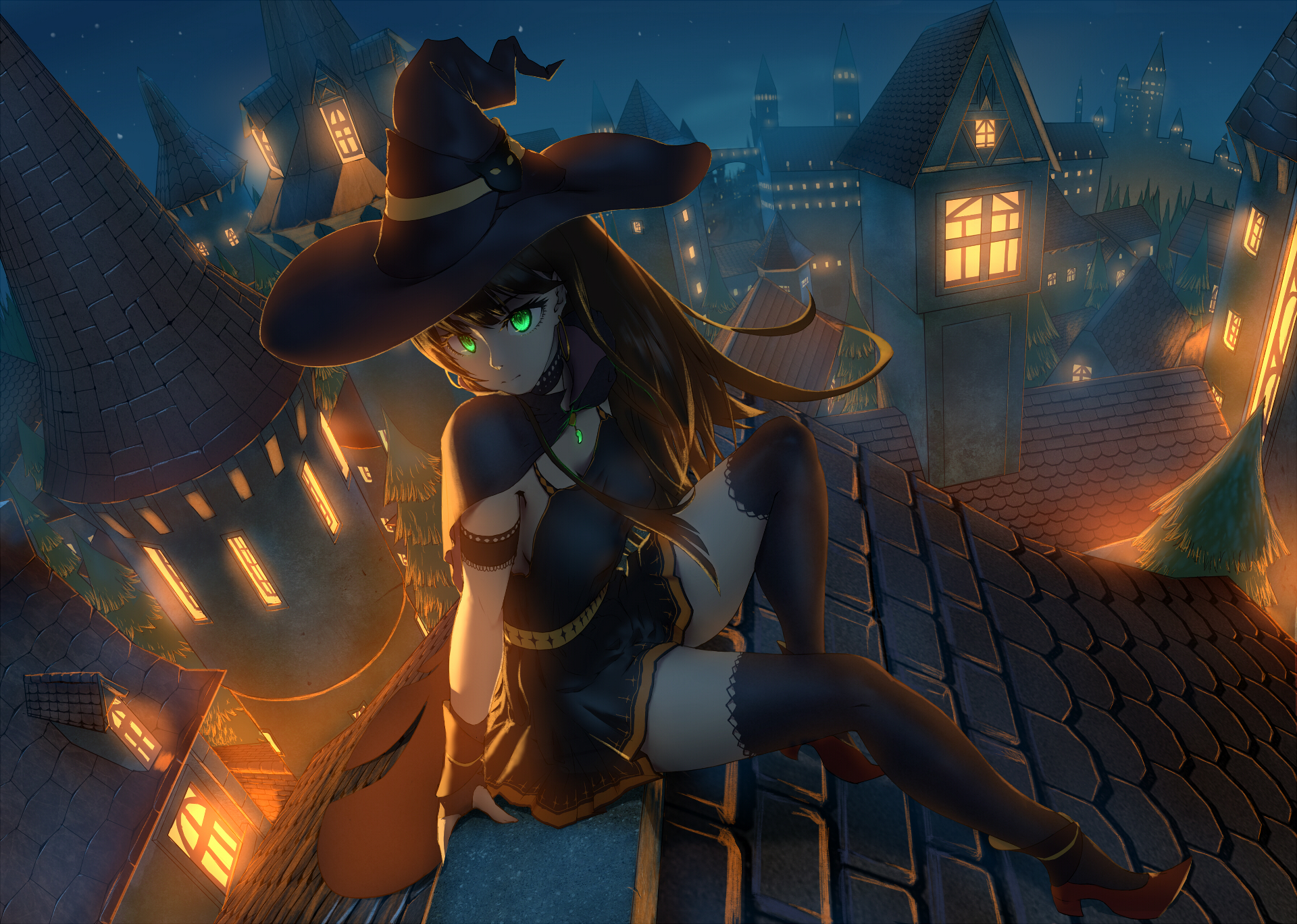 Anime 1920x1368 THE iDOLM@STER: Cinderella Girls Shibuya Rin anime girls THE iDOLM@STER Halloween witch witch hat thigh-highs dress cape artwork Jay Zhang