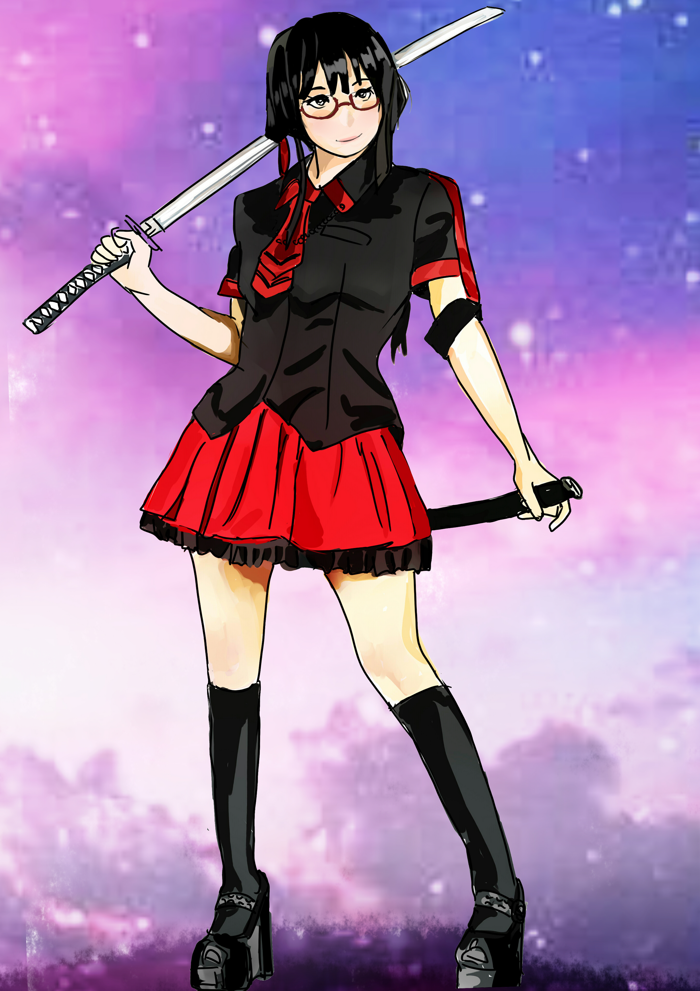 Anime 2893x4092 anime anime girls Blood-C Kisaragi Saya long hair black hair solo artwork digital art fan art katana glasses school uniform schoolgirl