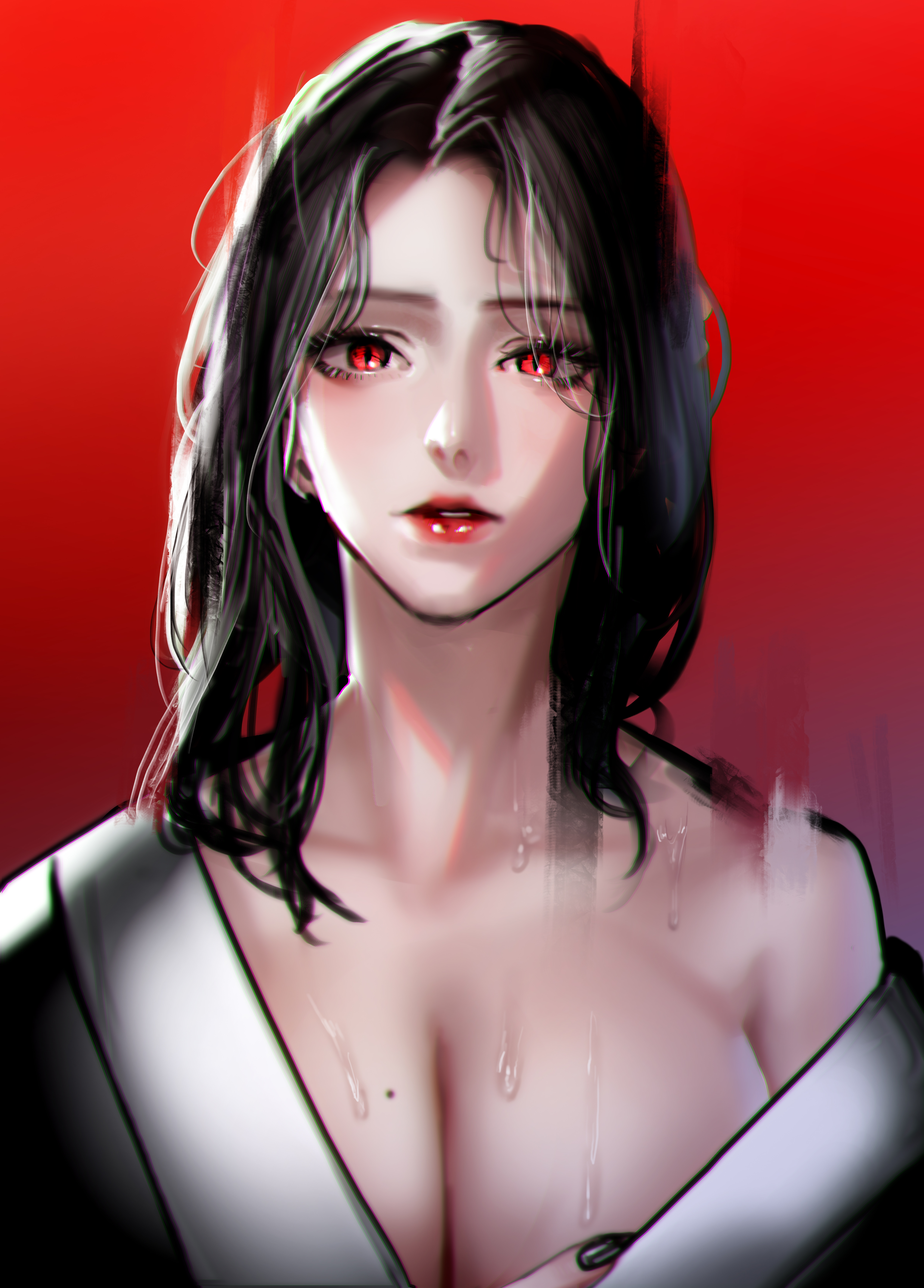 General 5000x6970 fantasy girl painting cleavage big boobs red eyes red background Kidmo