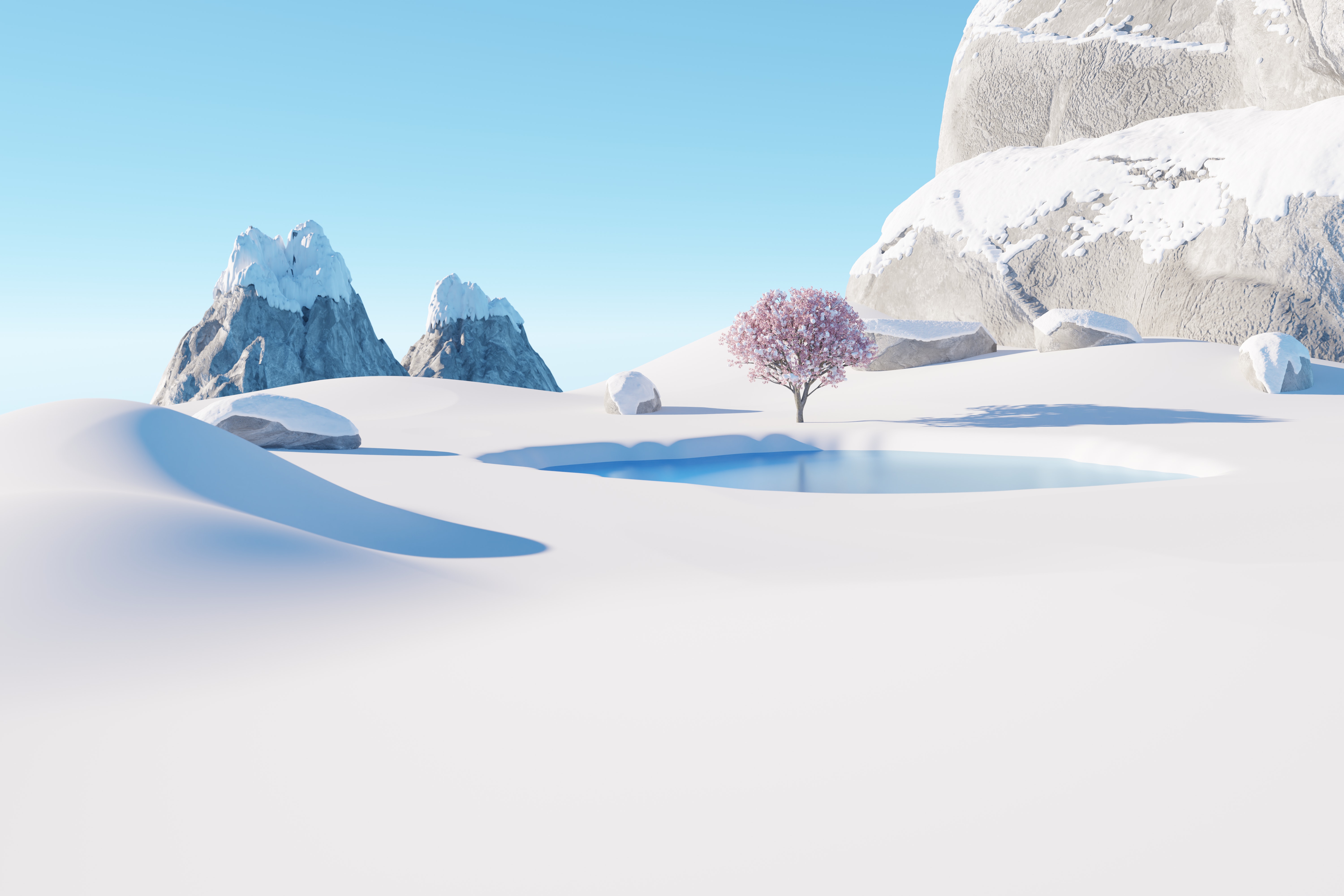 General 6000x4000 digital art artwork CGI minimalism nature landscape snow ice trees lake mountains white