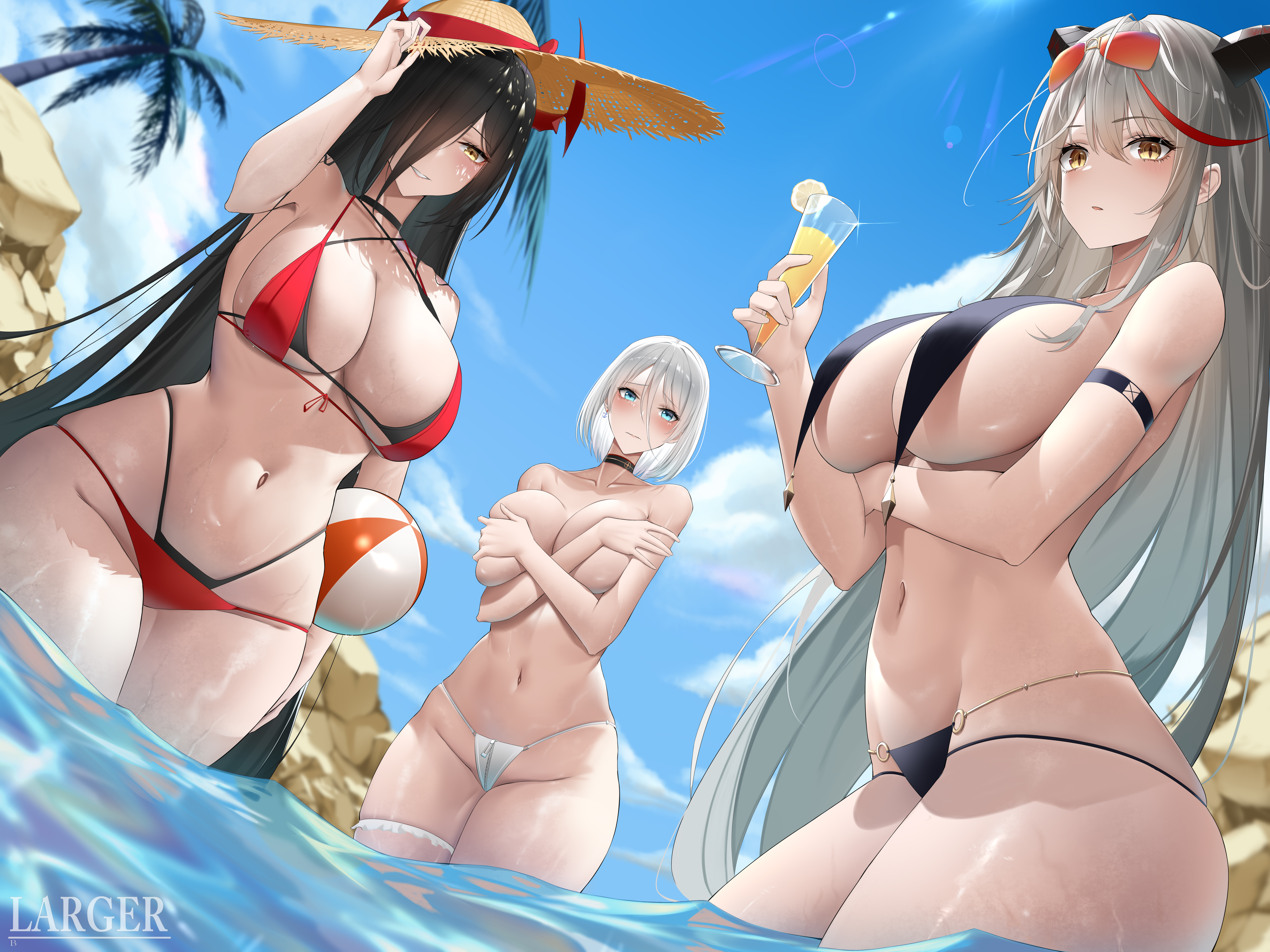 Anime 6300x4725 anime anime girls huge breasts big boobs straw hat hat champagne in water water beach ball bikini topless covering boobs swimwear Azur Lane Friedrich der Grosse Tirpitz (Azur Lane) Ägir (Azur Lane) Larger B