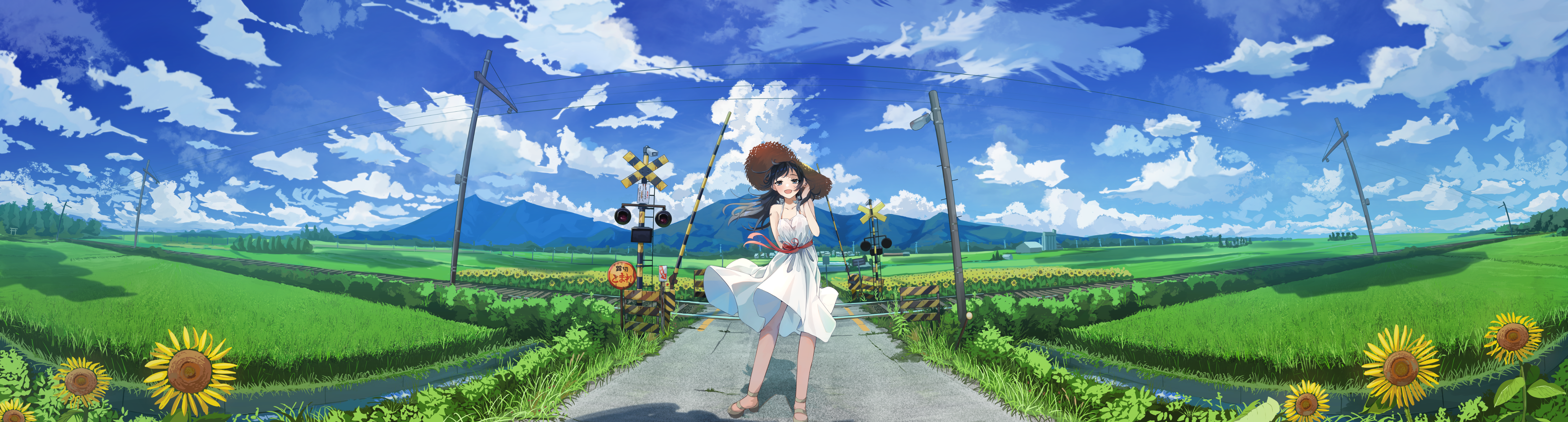 Anime 5668x1527 anime anime girls original characters solo artwork digital art fan art hat straw hat sunflowers