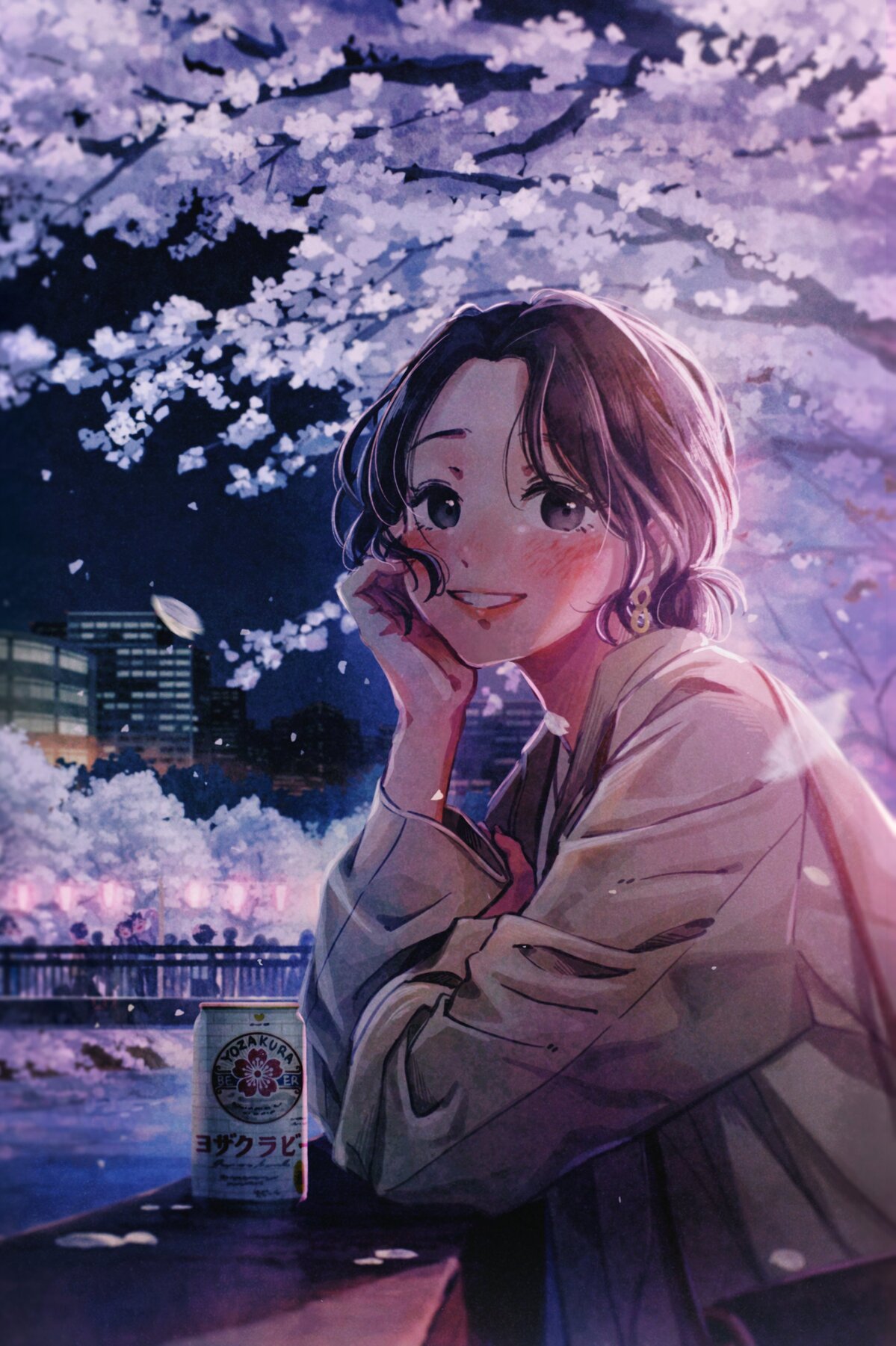 Anime 1199x1801 anime girls looking at viewer anime smiling can cherry blossom women outdoors urban