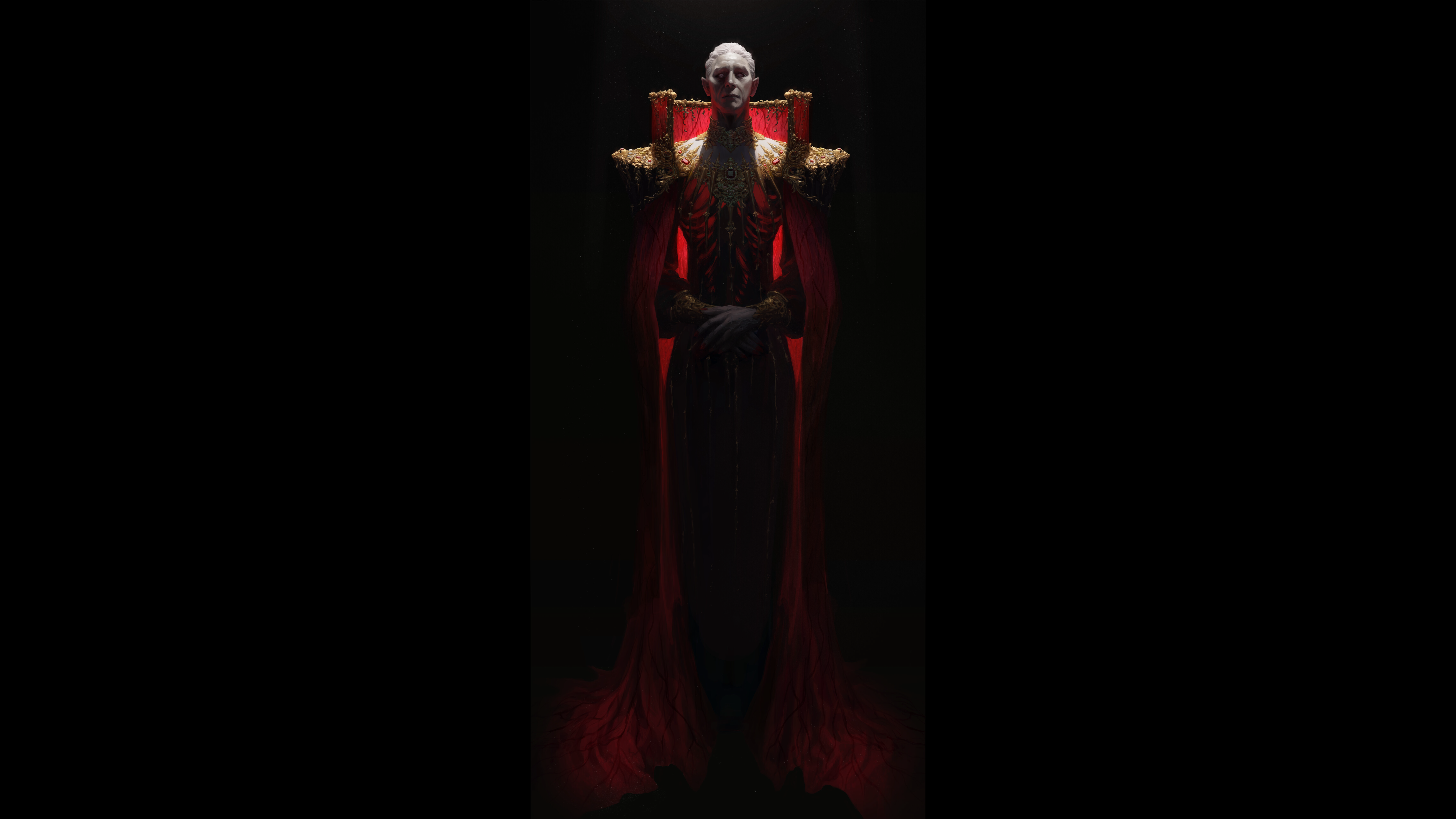 General 7081x3983 dark background vampires cape jewel white hair original characters standing pointy ears looking at viewer pale minimalism simple background