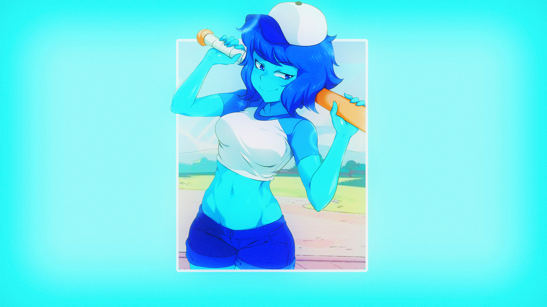 Anime 1920x1080 simple background picture-in-picture Lapis Lazuli (Steven Universe) Steven Universe blue skin hat baseball bat blue hair