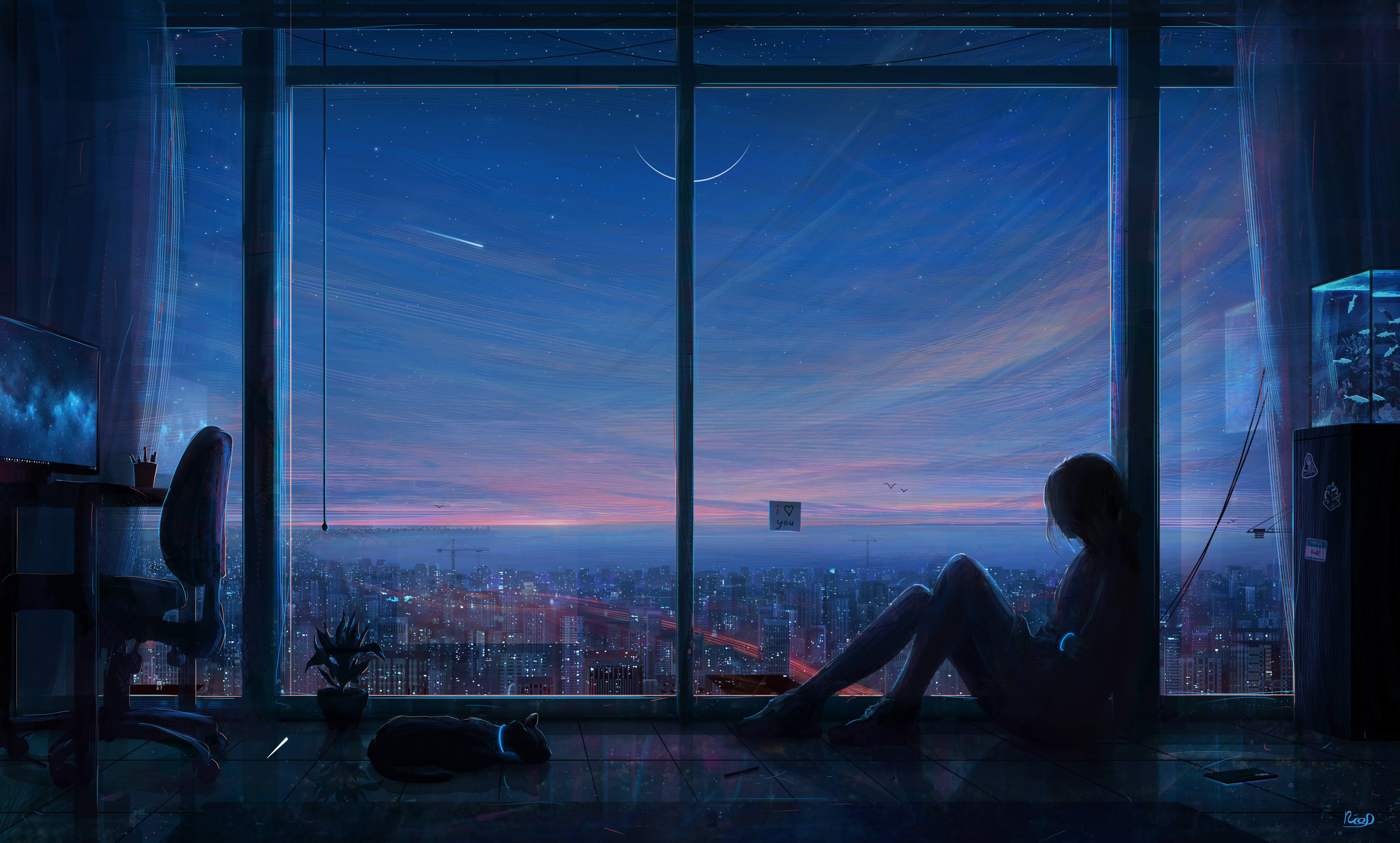 General 4865x2929 artwork neon post-it notes window cityscape sky indoors animals stars sitting looking out window RicoDZ painting