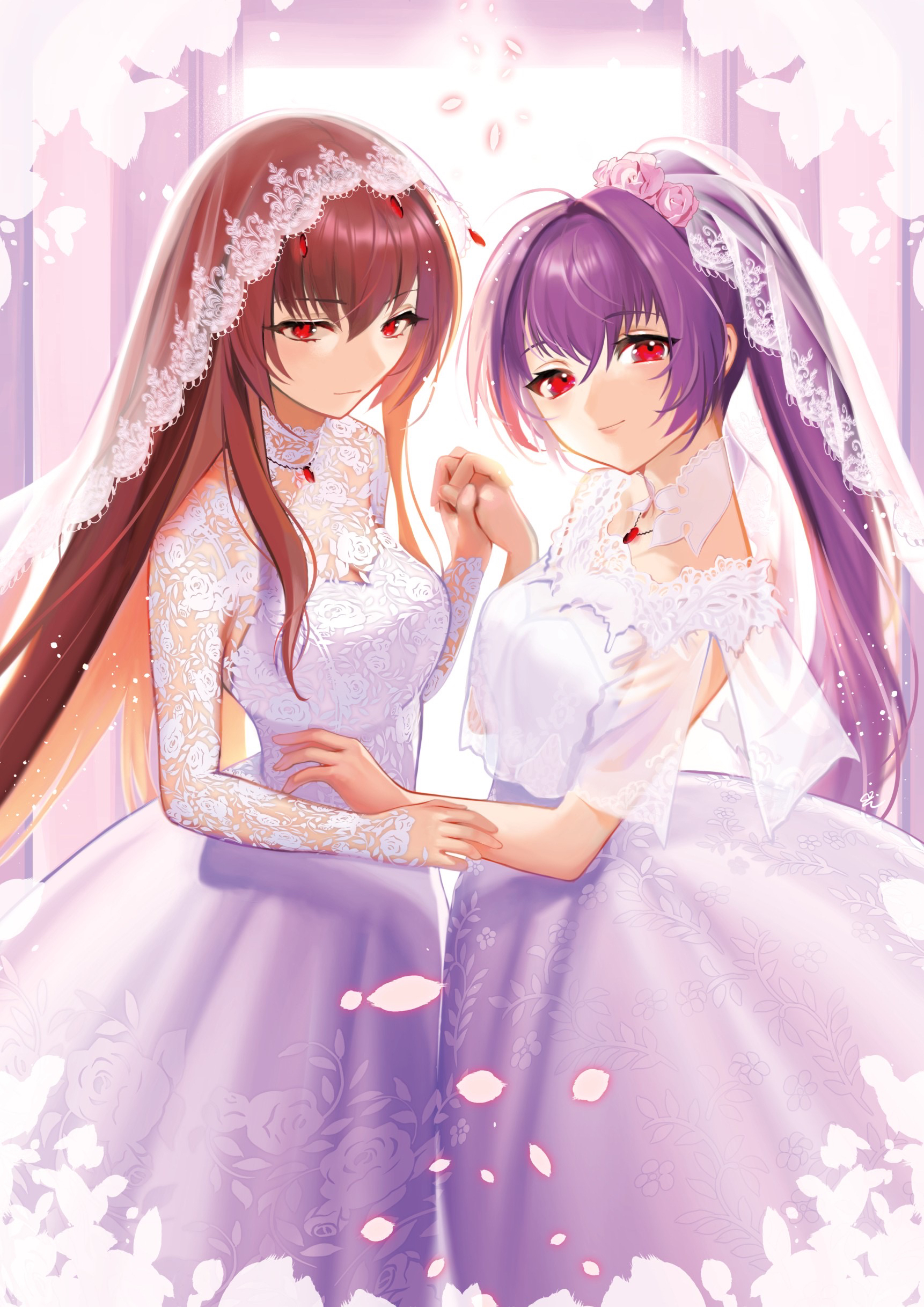 Anime 1722x2435 anime anime girls wedding dress weddings Fate series Fate/Grand Order yuri Scathach Scathach Skadi long hair ponytail purple hair