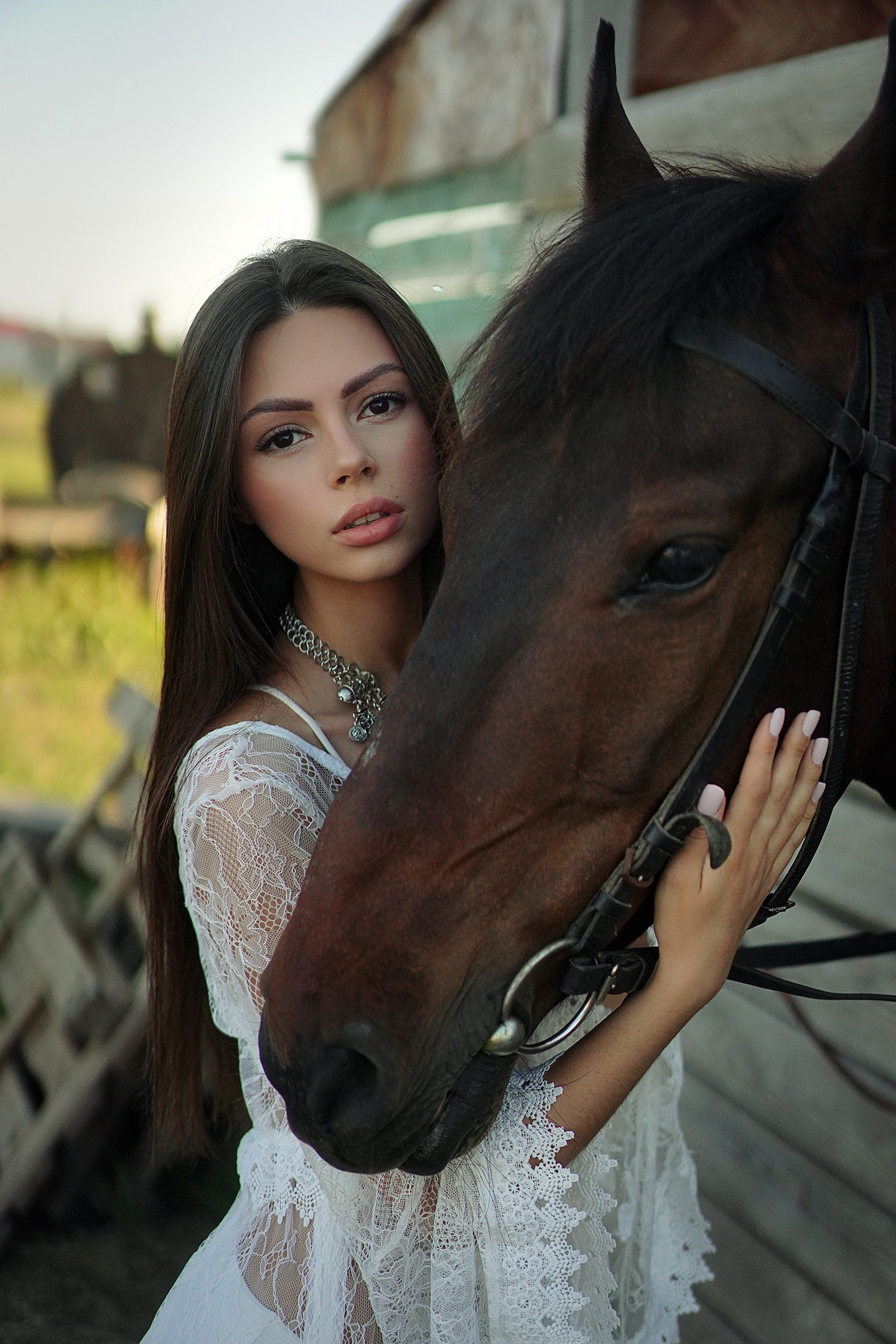 People 1440x2160 Vyacheslav Kholodilov women dark hair long hair straight hair looking at viewer makeup blushing necklace dress white clothing horse Maria Kotelevets women with horse portrait display
