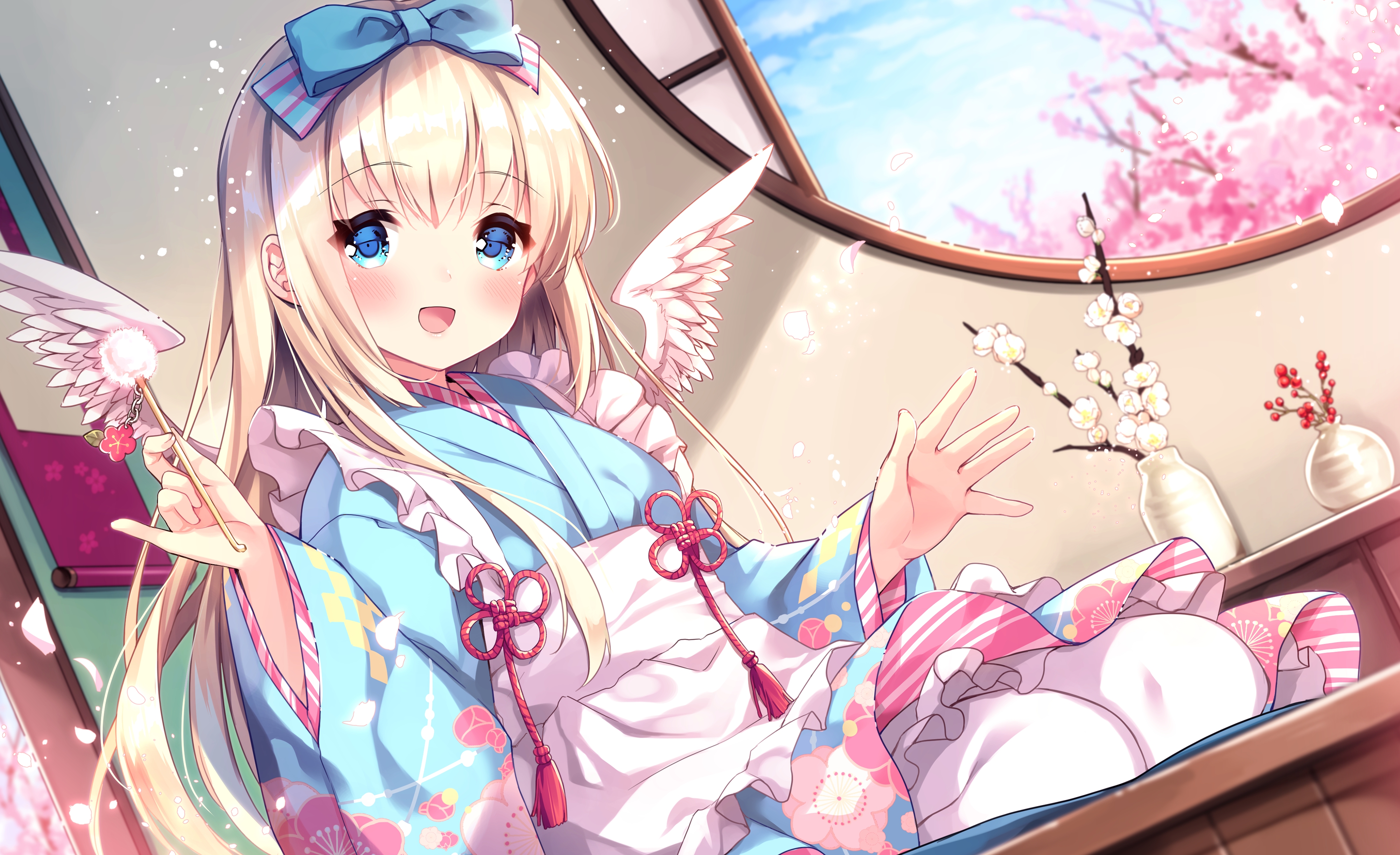 Anime 4000x2444 blonde blue eyes kimono hair bows ribbon cherry blossom flowers angle White leggings